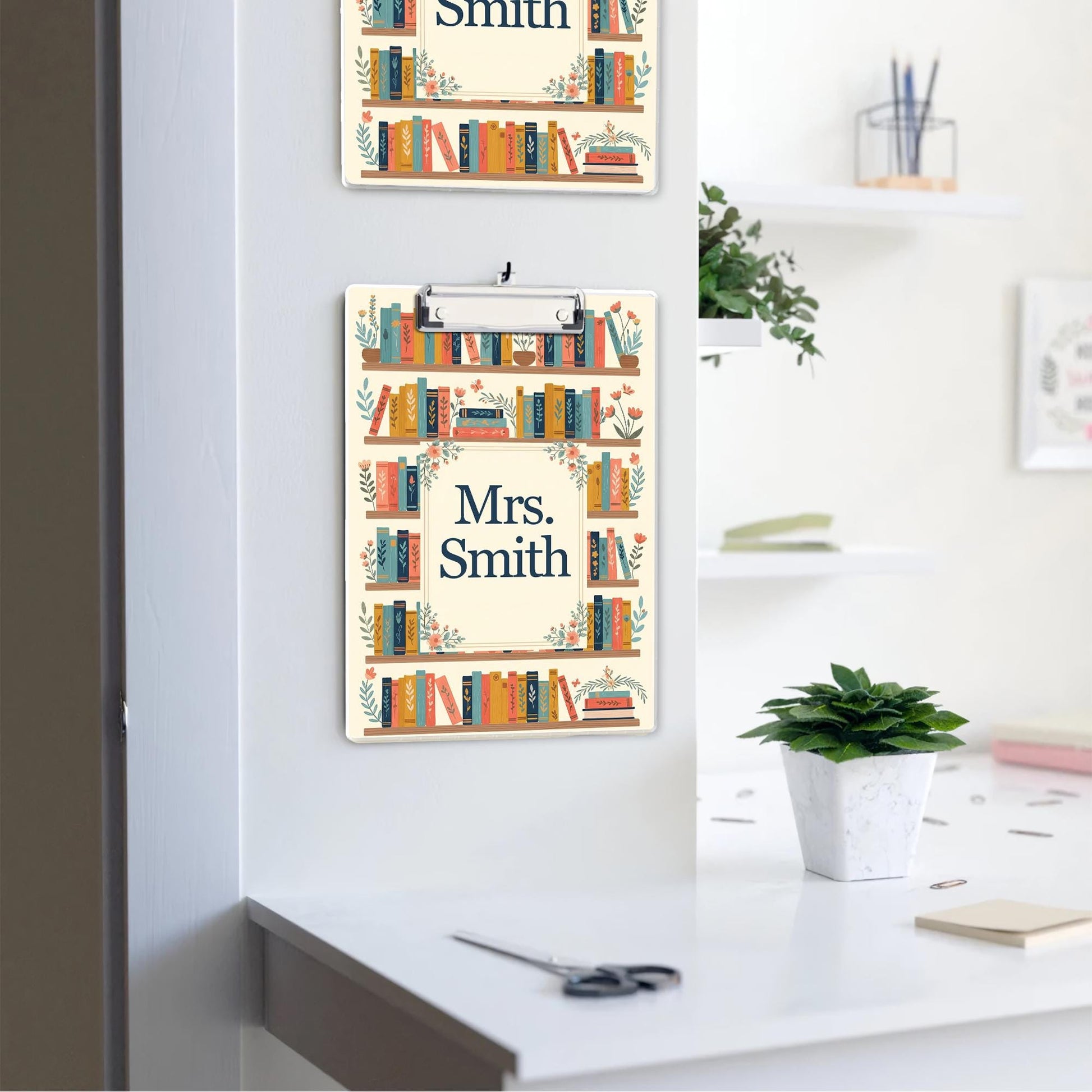 Personalized Teacher Gift, Back to School Gift Custom Teacher Clipboard, Floral Bookshelf Teacher Name Clipboard Librarian Gift Teacher