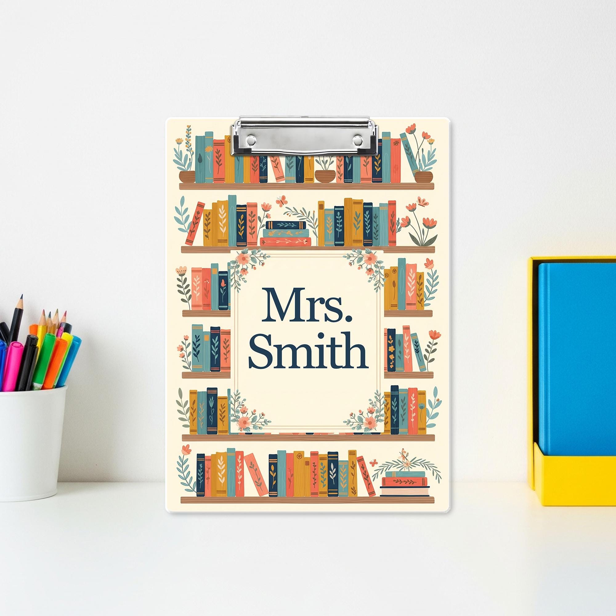 Personalized Teacher Gift, Back to School Gift Custom Teacher Clipboard, Floral Bookshelf Teacher Name Clipboard Librarian Gift Teacher