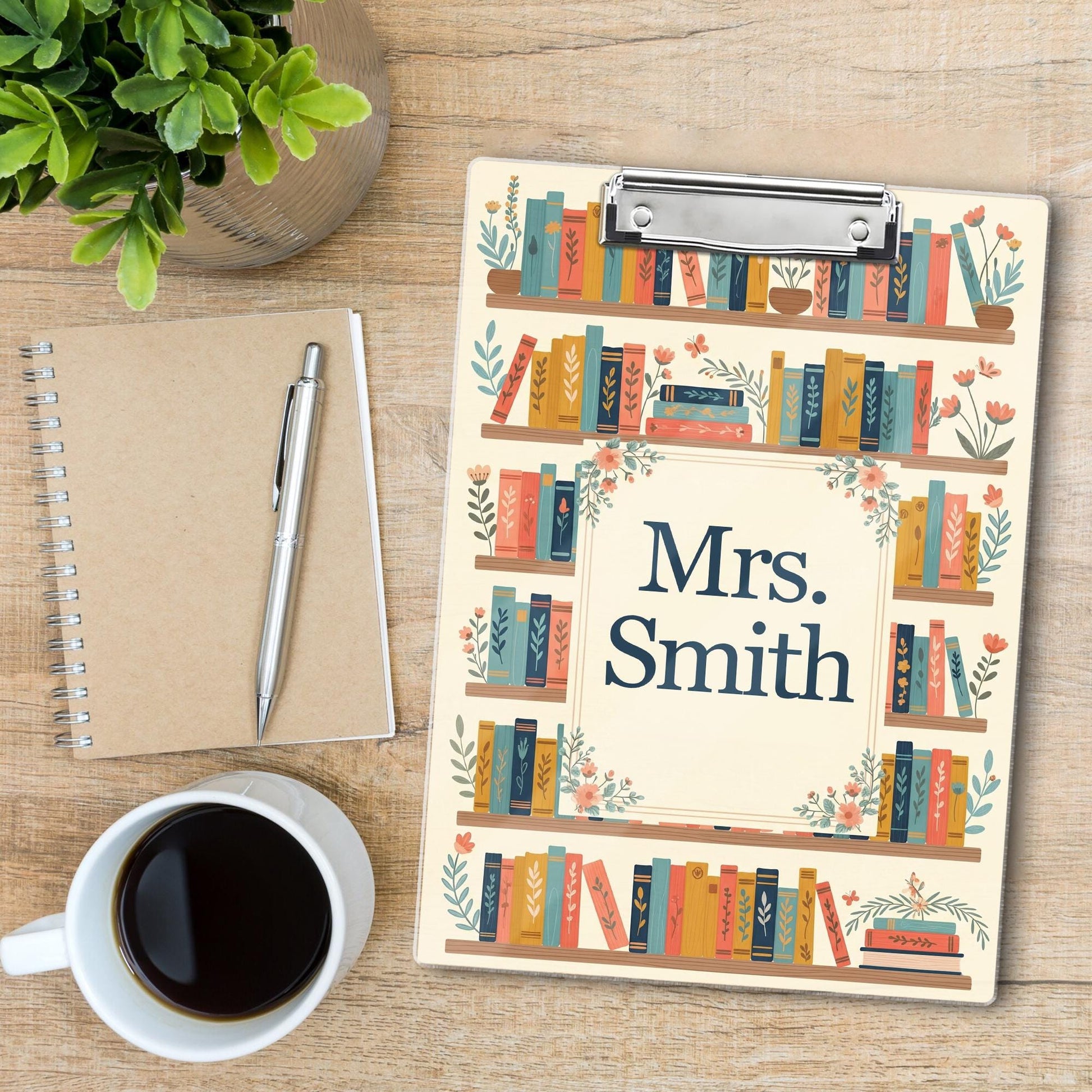 Personalized Teacher Gift, Back to School Gift Custom Teacher Clipboard, Floral Bookshelf Teacher Name Clipboard Librarian Gift Teacher