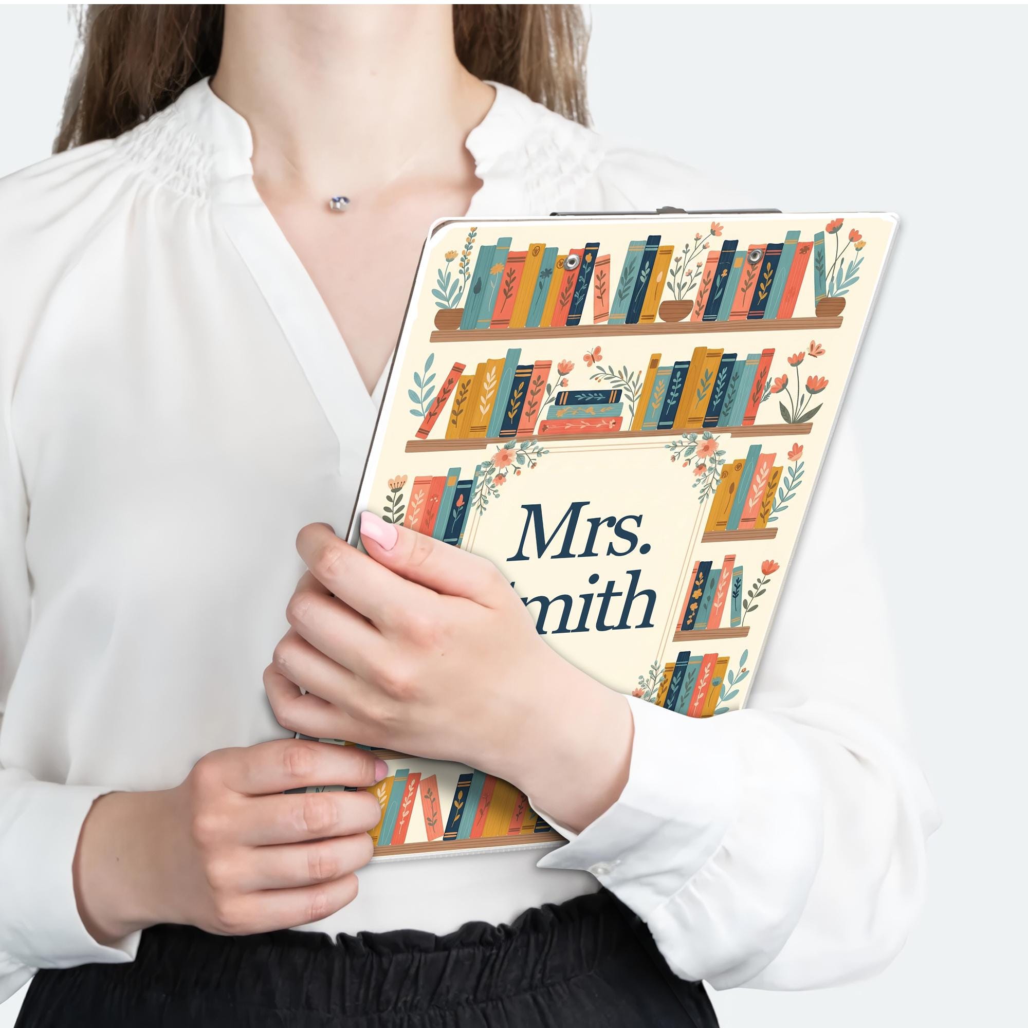 Personalized Teacher Gift, Back to School Gift Custom Teacher Clipboard, Floral Bookshelf Teacher Name Clipboard Librarian Gift Teacher