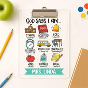 God Says I Am Clipboard, Christian Teacher Clipboard, Personalized School Clipboard, Bible Verse Gift, Custom Name Office Clipboard