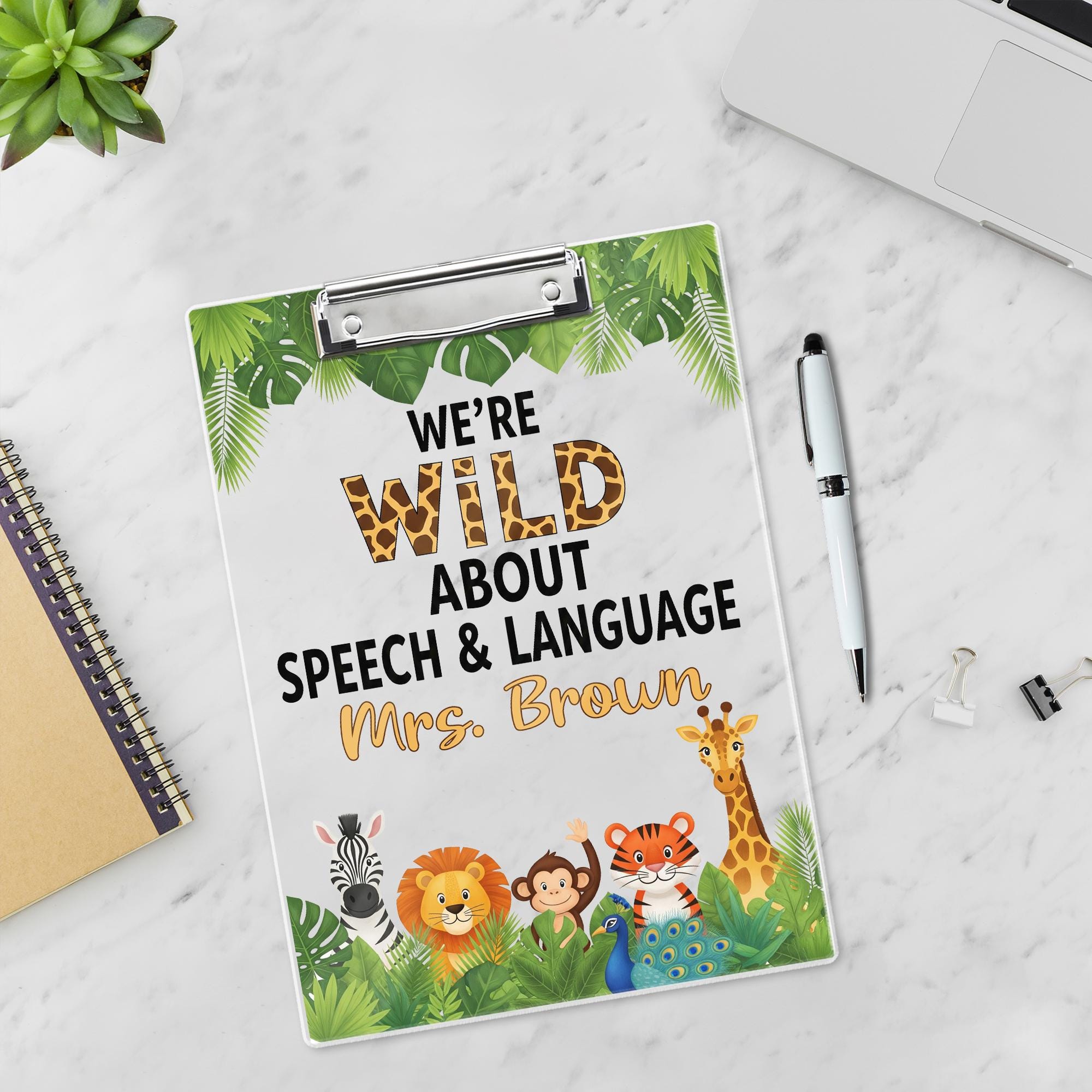 Wild About Speech, Language Clipboard, Personalized Jungle Animal SLP Gift, Custom Name Clipboard for Speech Therapist or Teacher, Educators