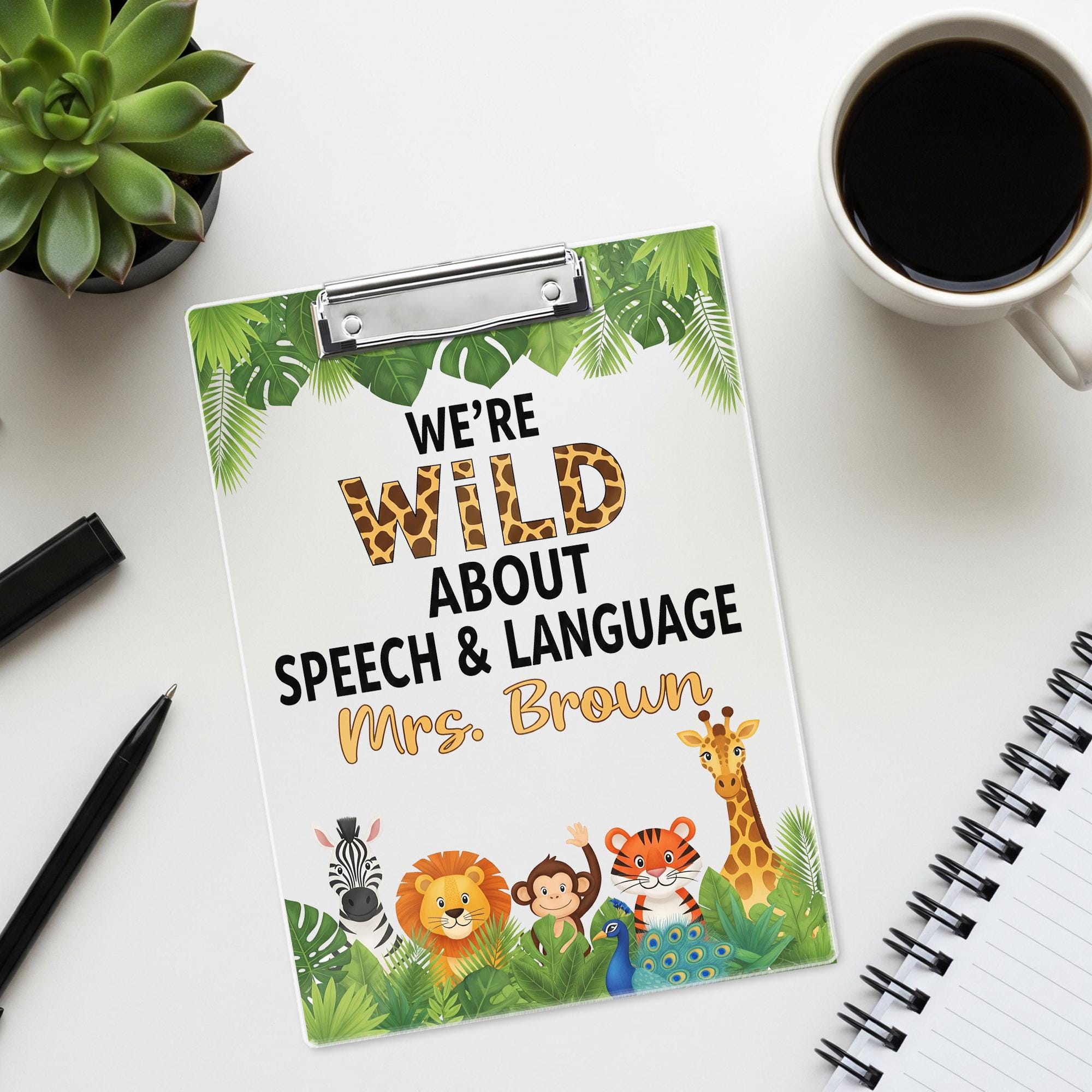 Wild About Speech, Language Clipboard, Personalized Jungle Animal SLP Gift, Custom Name Clipboard for Speech Therapist or Teacher, Educators