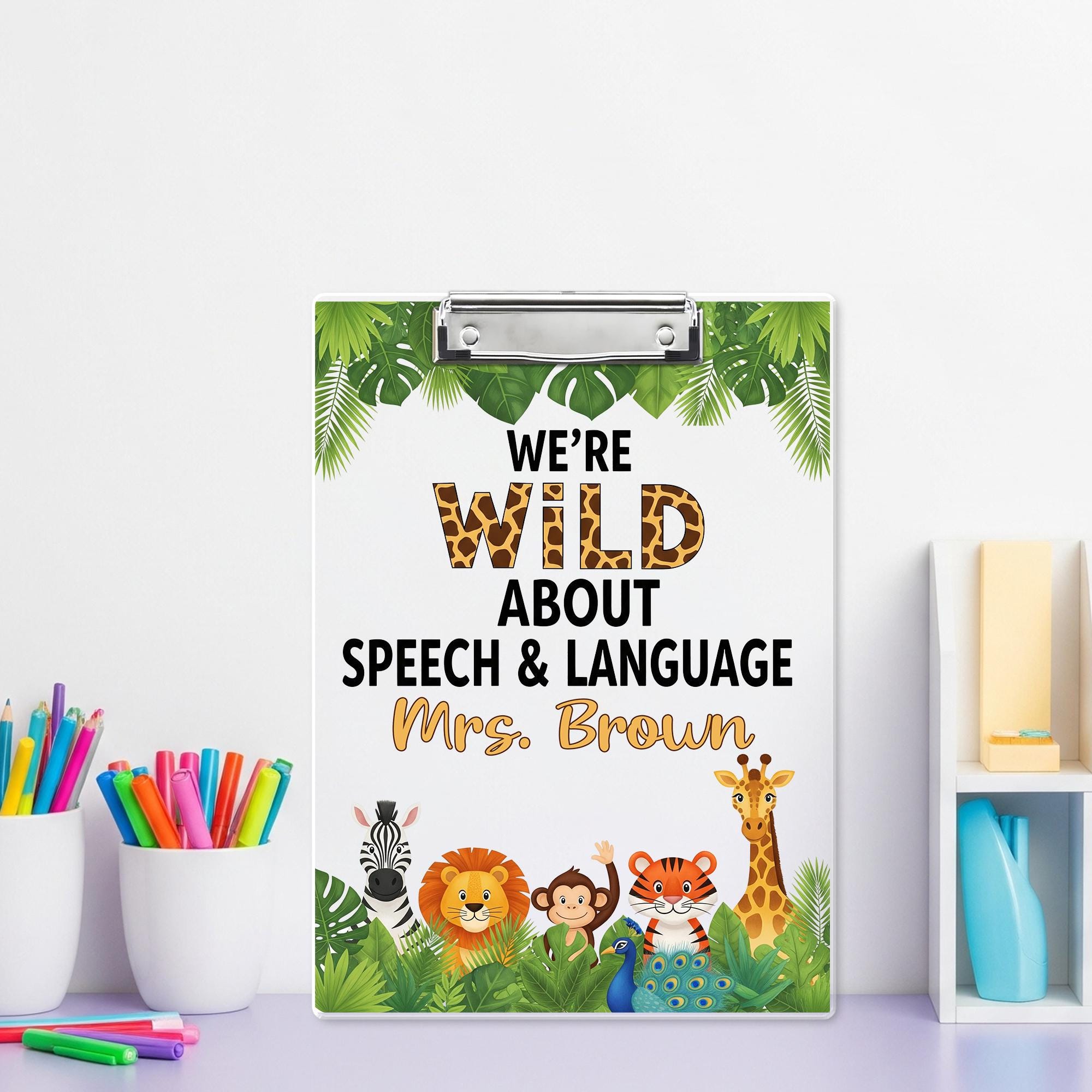 Wild About Speech, Language Clipboard, Personalized Jungle Animal SLP Gift, Custom Name Clipboard for Speech Therapist or Teacher, Educators