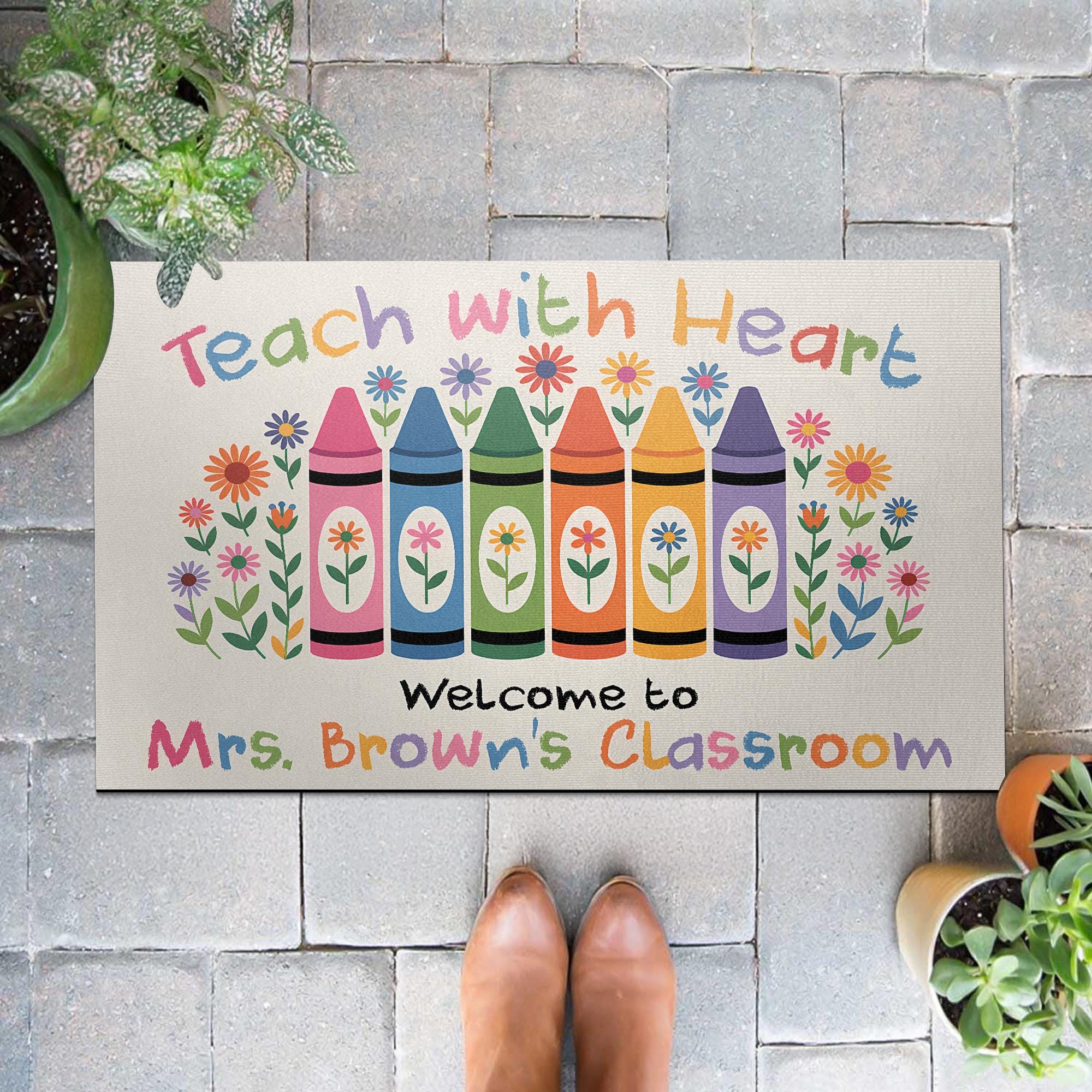 Teach with Heart Classroom Doormat – Personalized Crayon Welcome Mat for Teachers, Custom Back to School Decor for Classrooms, Teacher Gift