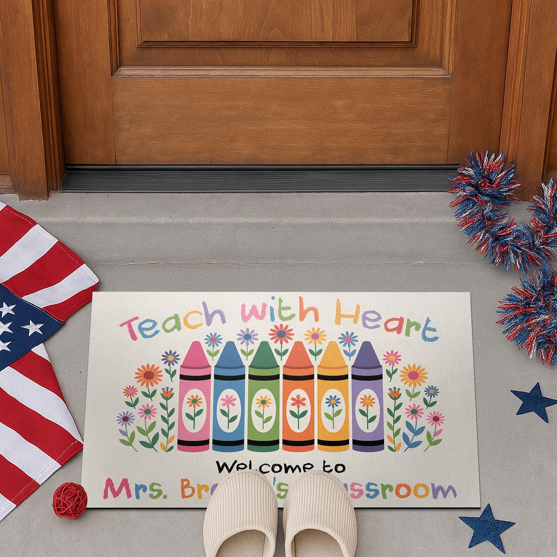 Teach with Heart Classroom Doormat – Personalized Crayon Welcome Mat for Teachers, Custom Back to School Decor for Classrooms, Teacher Gift