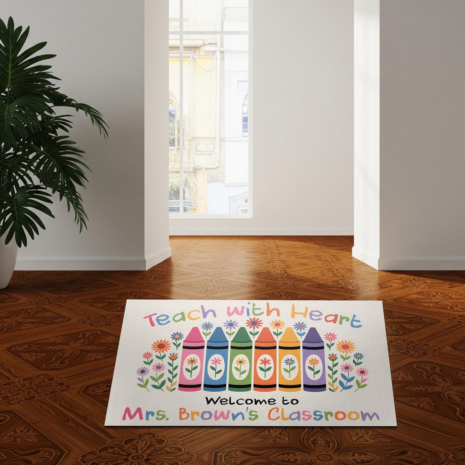 Teach with Heart Classroom Doormat – Personalized Crayon Welcome Mat for Teachers, Custom Back to School Decor for Classrooms, Teacher Gift
