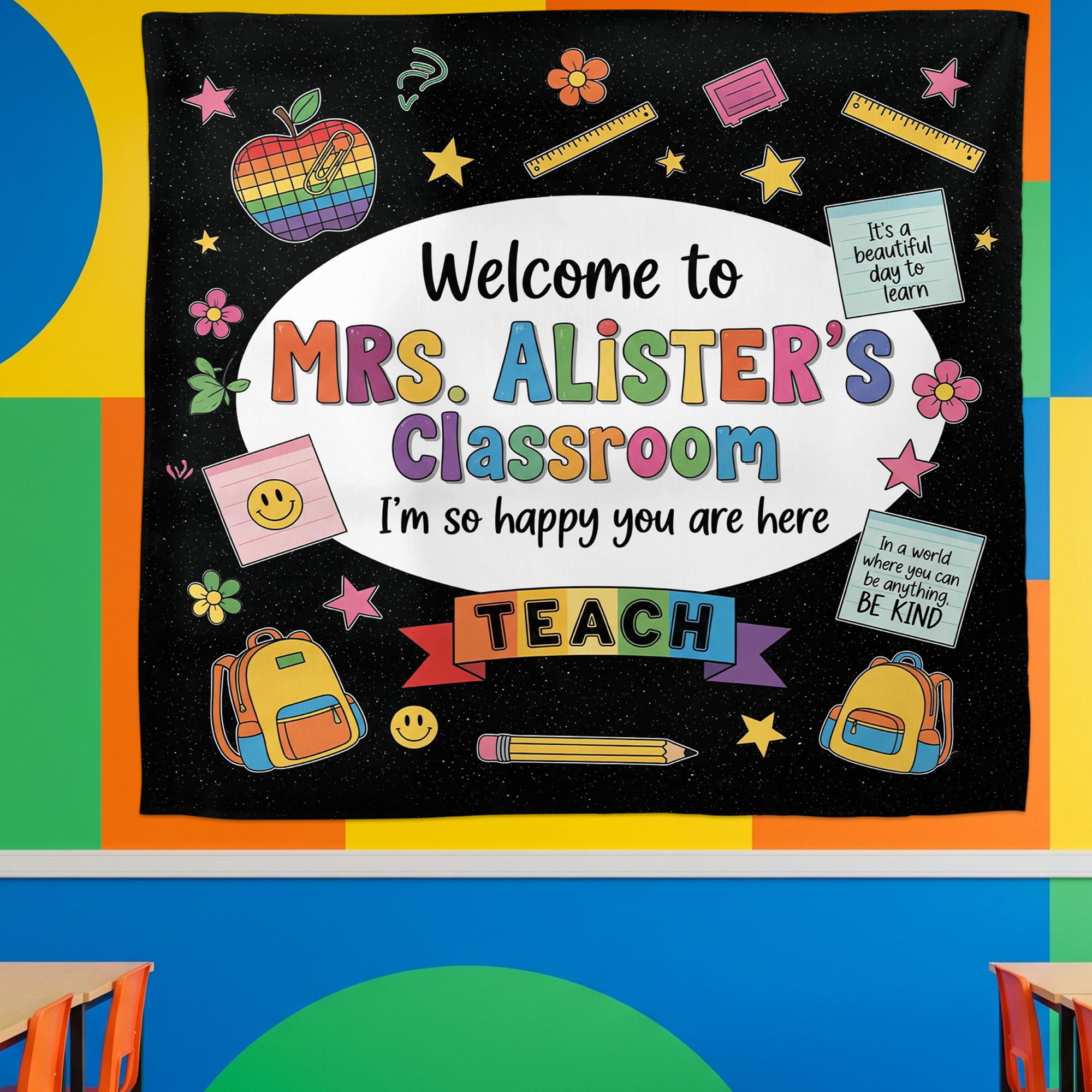 Personalized Classroom Tapestry, Welcome Banner for Classroom, Teacher Wall Decor, Back to School Sign, Rainbow Theme