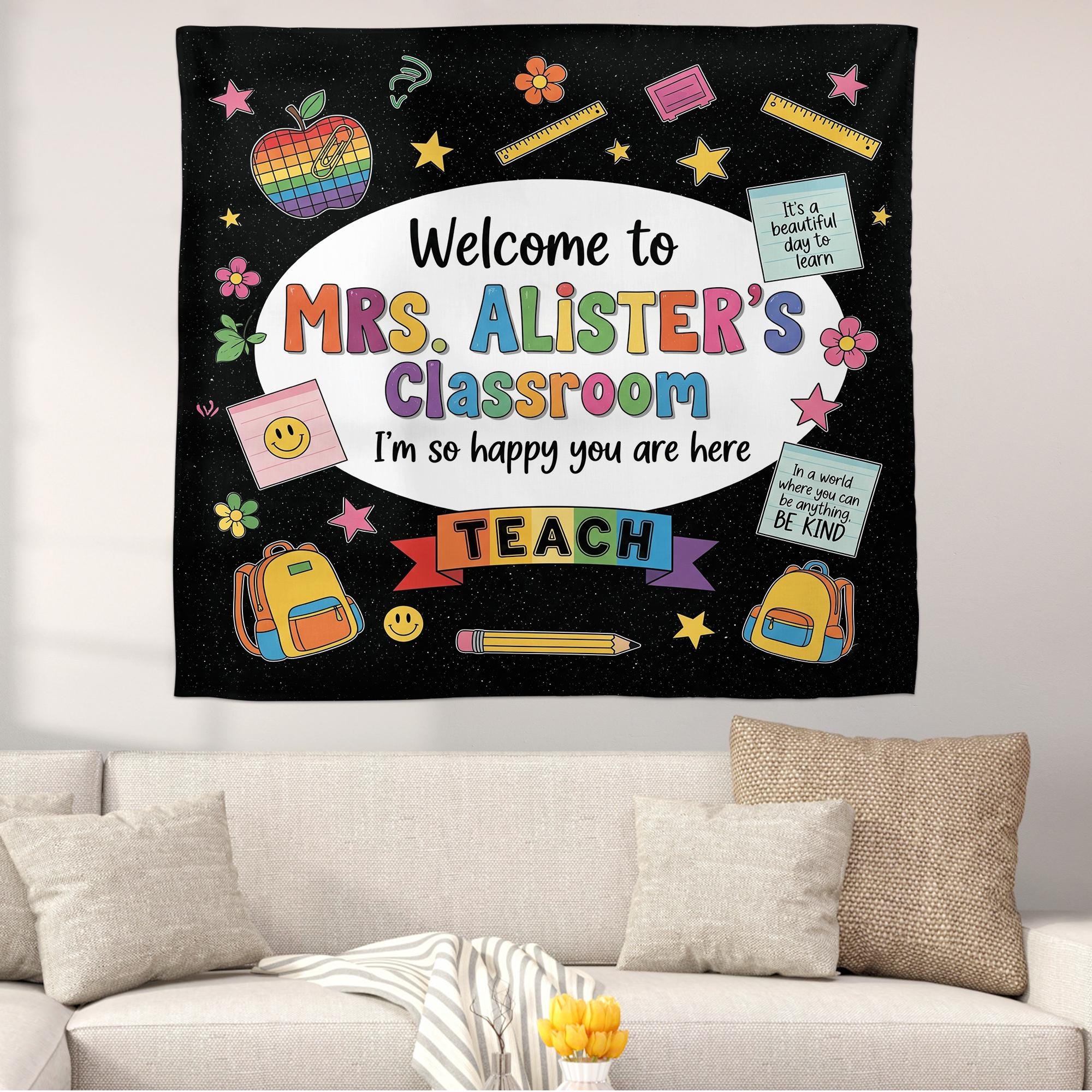 Personalized Classroom Tapestry, Welcome Banner for Classroom, Teacher Wall Decor, Back to School Sign, Rainbow Theme