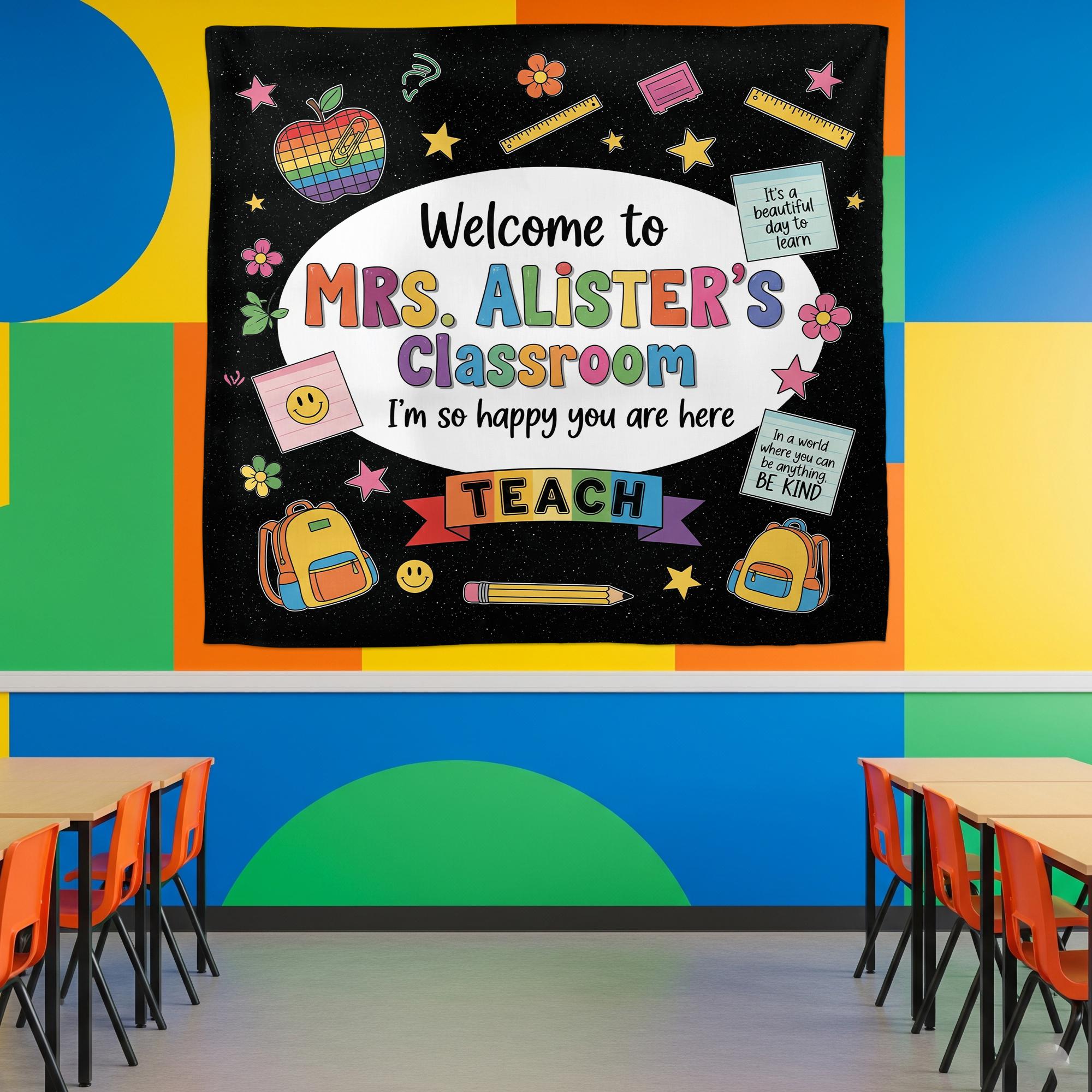 Personalized Classroom Tapestry, Welcome Banner for Classroom, Teacher Wall Decor, Back to School Sign, Rainbow Theme