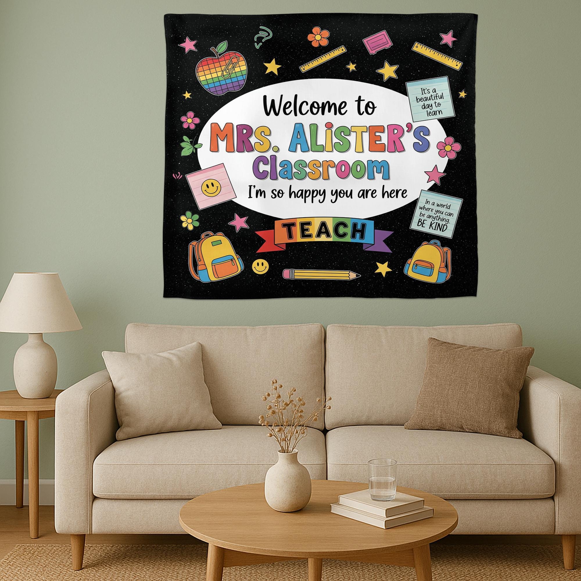 Personalized Classroom Tapestry, Welcome Banner for Classroom, Teacher Wall Decor, Back to School Sign, Rainbow Theme
