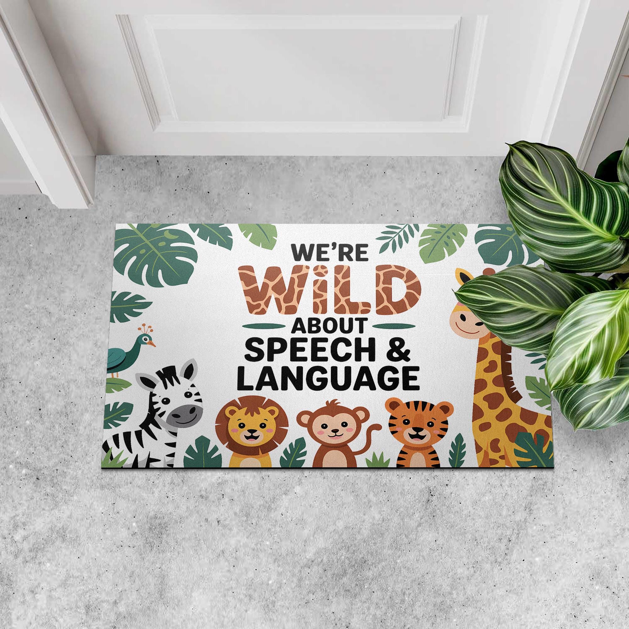 Wild About Speech, Language Doormat – Jungle Animal Welcome Mat for SLP Office, Cute Speech Therapy Decor for Clinic or Classroom
