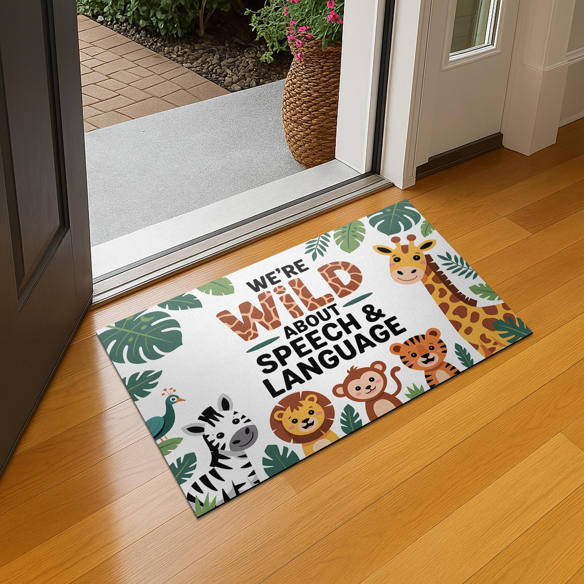 Wild About Speech, Language Doormat – Jungle Animal Welcome Mat for SLP Office, Cute Speech Therapy Decor for Clinic or Classroom