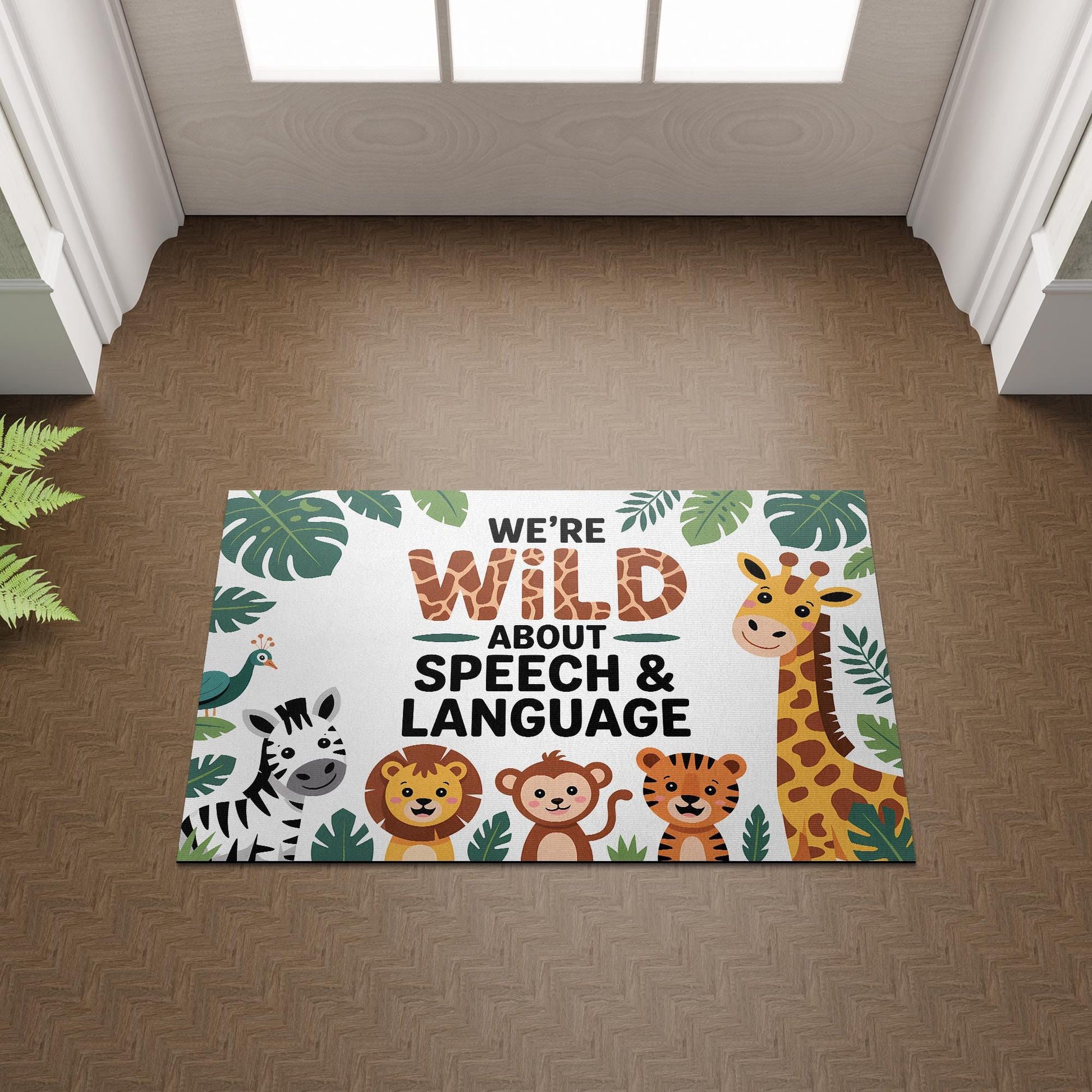 Wild About Speech, Language Doormat – Jungle Animal Welcome Mat for SLP Office, Cute Speech Therapy Decor for Clinic or Classroom