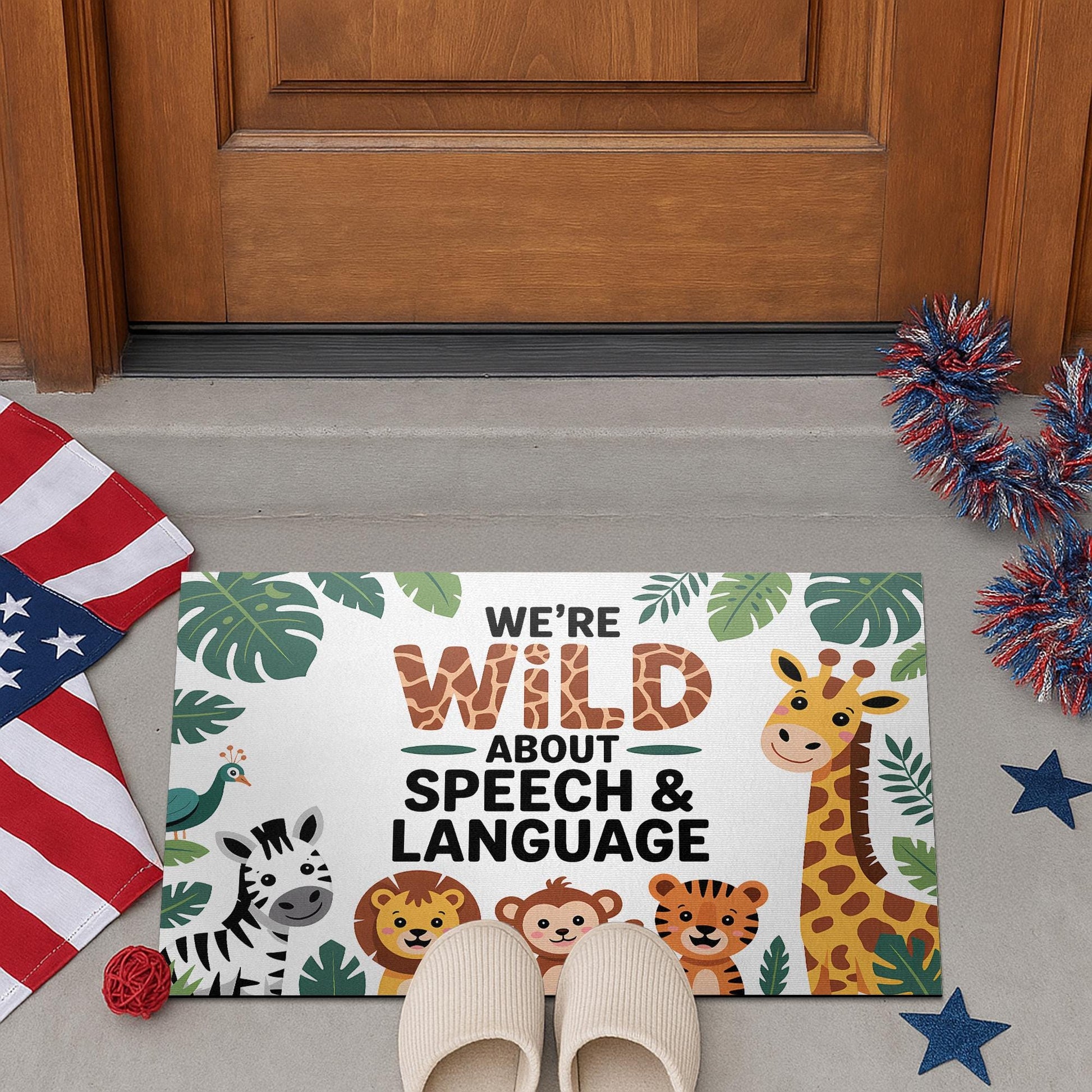 Wild About Speech, Language Doormat – Jungle Animal Welcome Mat for SLP Office, Cute Speech Therapy Decor for Clinic or Classroom
