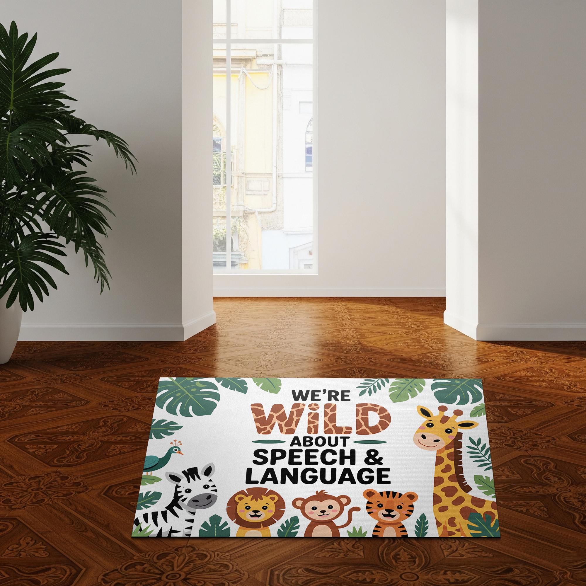 Wild About Speech, Language Doormat – Jungle Animal Welcome Mat for SLP Office, Cute Speech Therapy Decor for Clinic or Classroom