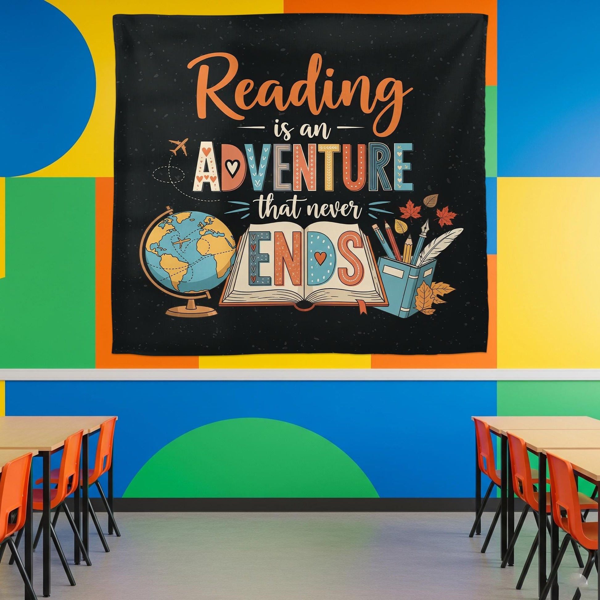 Reading Classroom Tapestry, Adventure Wall Decor for Teachers, Library or School Banner, Reading Corner Poster for Kids, Classroom Decor