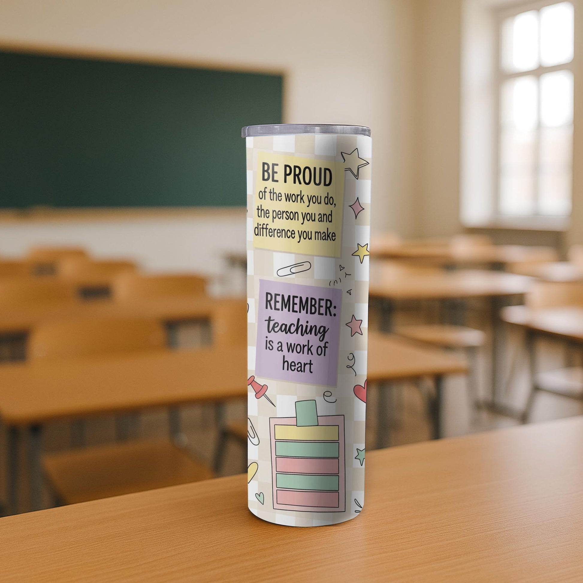 Teacher Tumbler with Inspirational Quotes, Back to School Gift, Teaching is a Work of Heart Cup, Motivational Teacher Drinkware
