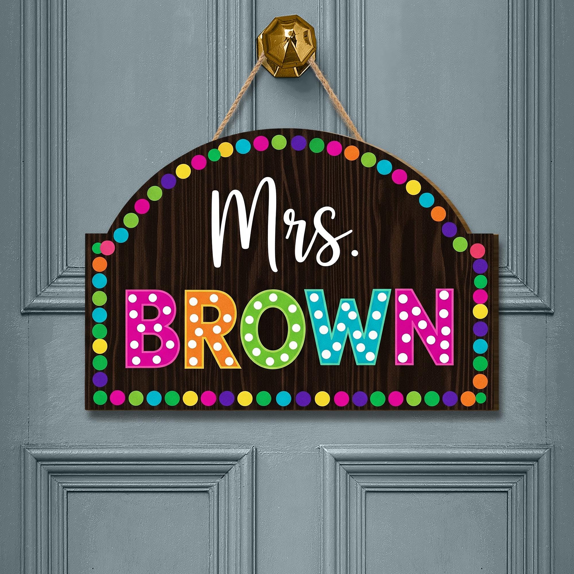 Personalized Teacher 2 Layer Door Sign – Custom Rainbow Polka Dot Name Plaque for Classroom, Back to School Decor for Teachers, Educators
