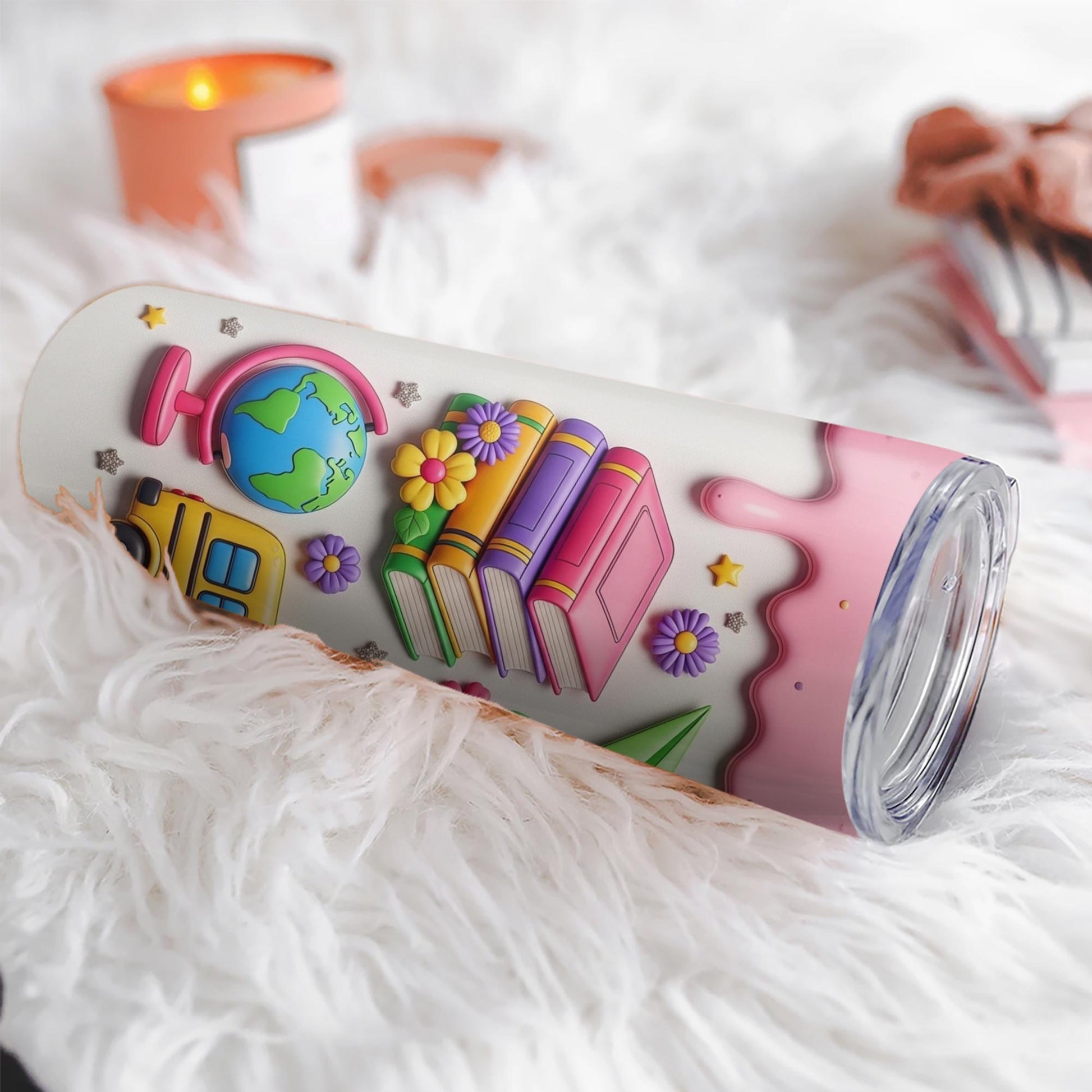 Cute Teacher 2D FLAT Tumbler, Back to School Tumbler with Books and Crayons, Pink School Supplies Cup, Teacher Appreciation Gift