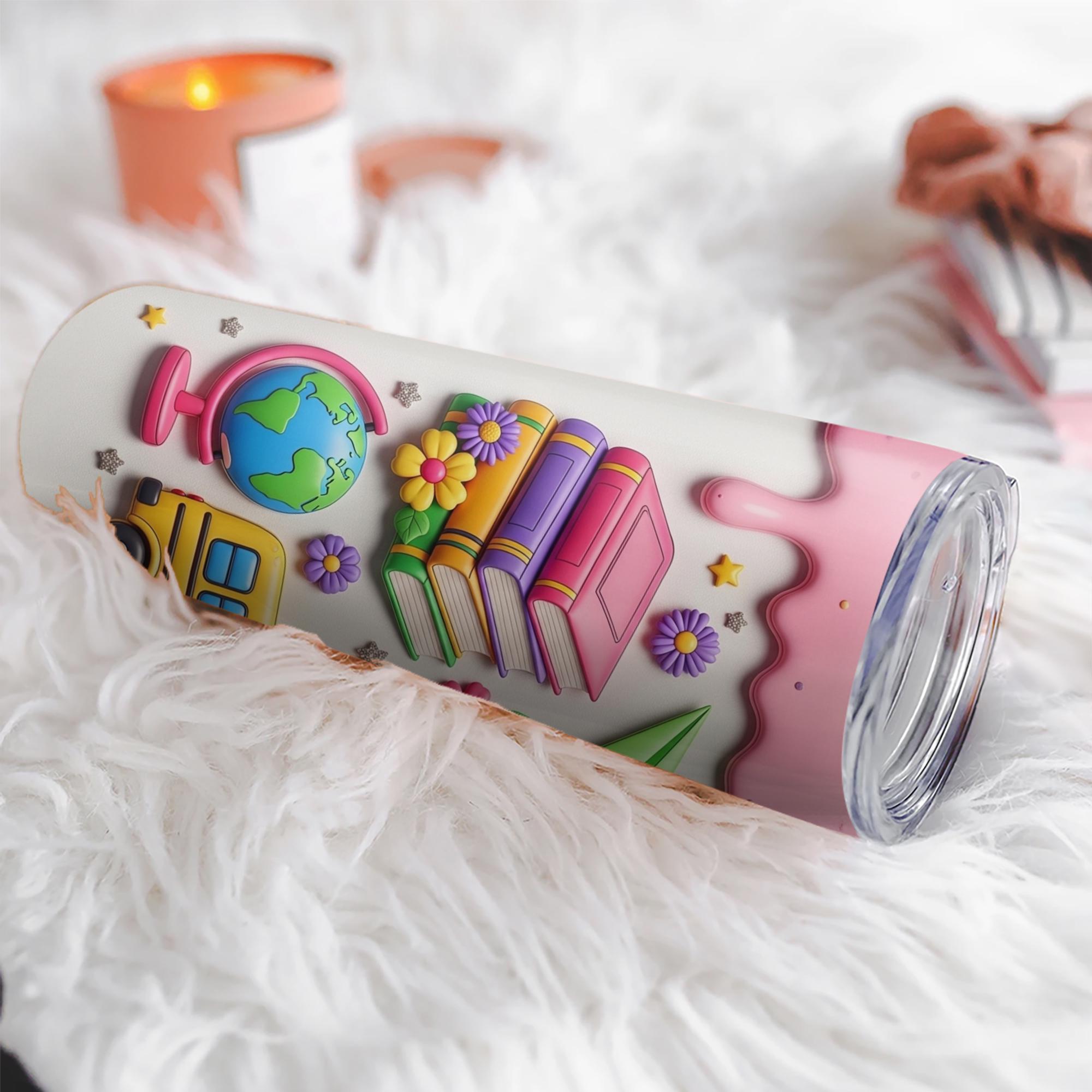Cute Teacher 2D FLAT Tumbler, Back to School Tumbler with Books and Crayons, Pink School Supplies Cup, Teacher Appreciation Gift