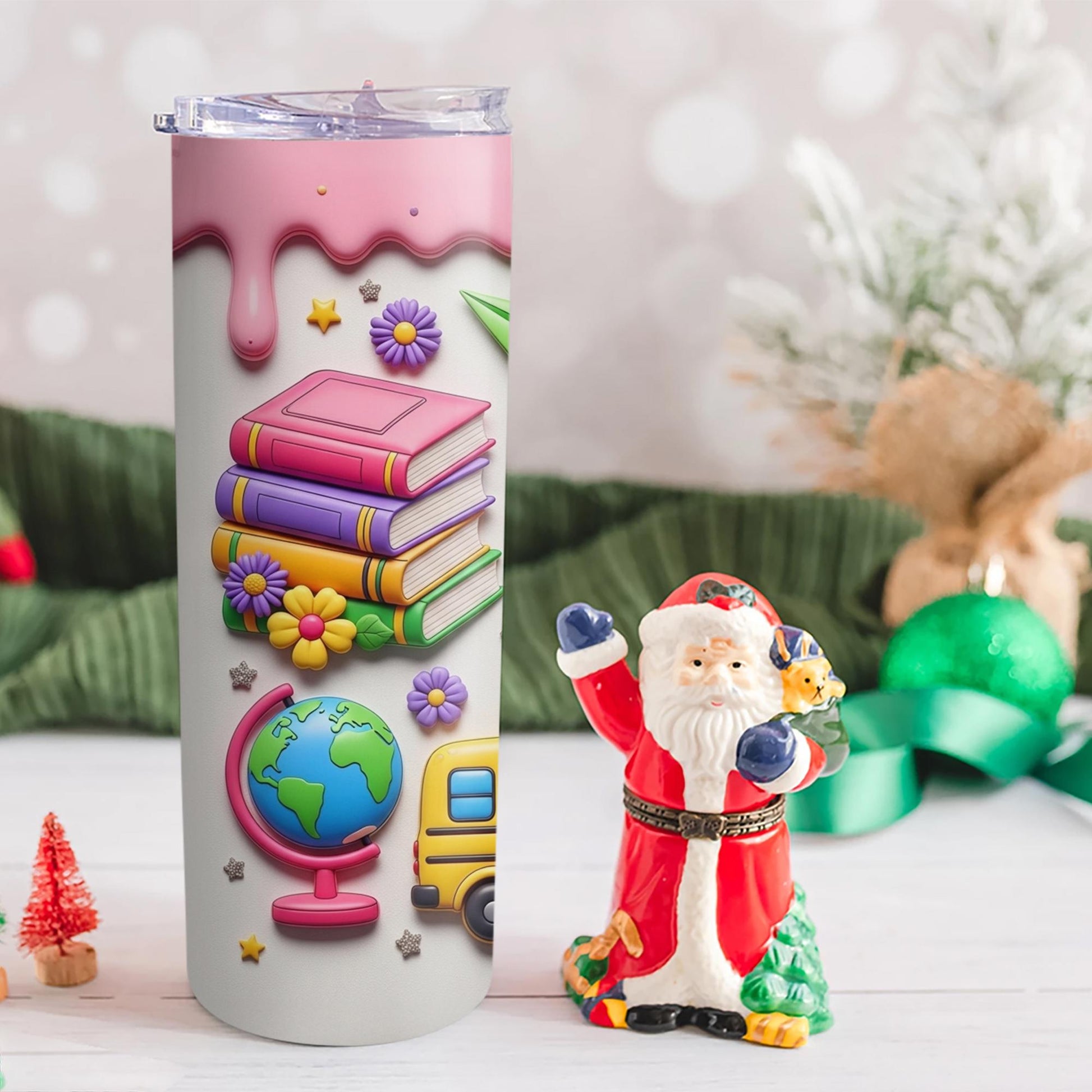 Cute Teacher 2D FLAT Tumbler, Back to School Tumbler with Books and Crayons, Pink School Supplies Cup, Teacher Appreciation Gift
