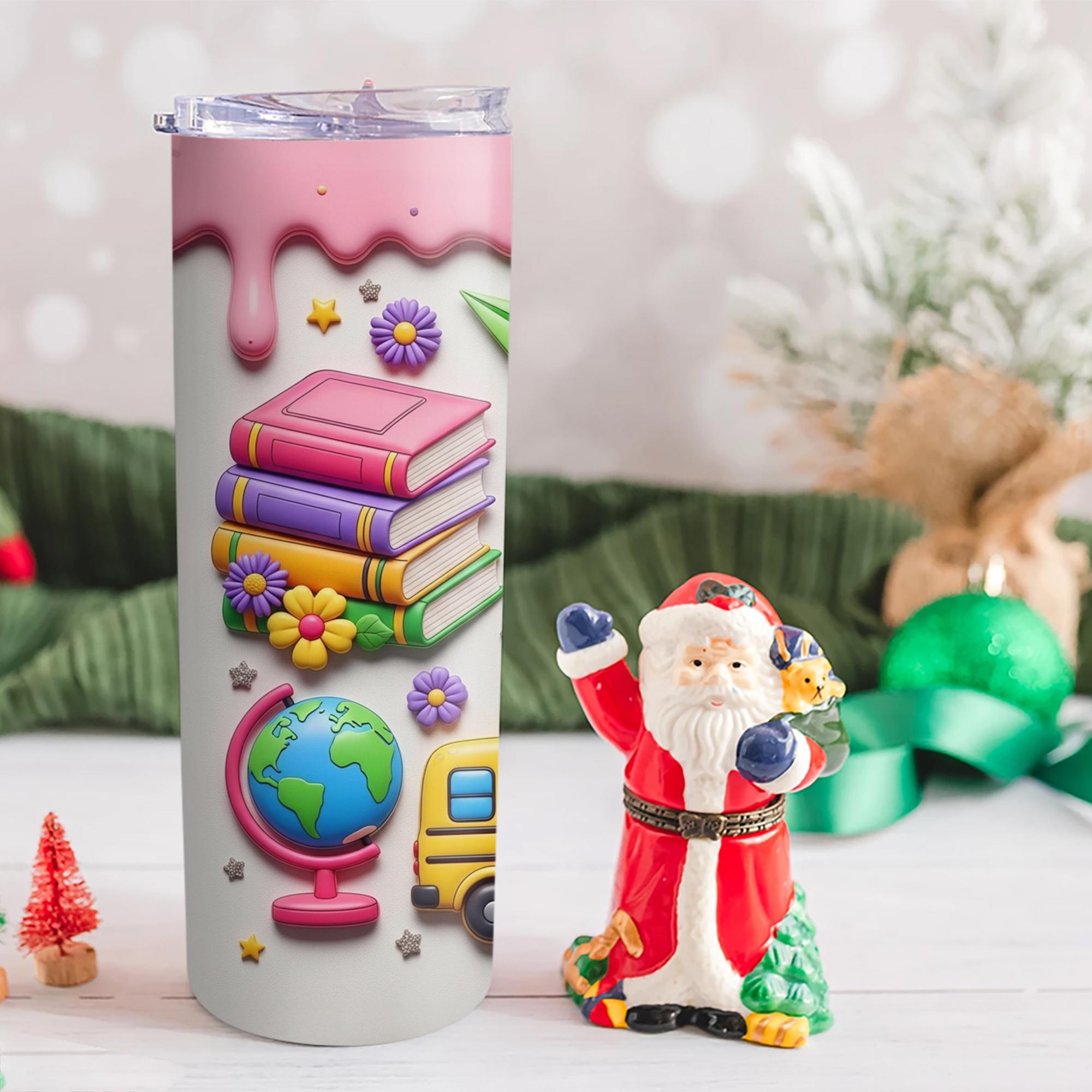 Cute Teacher 2D FLAT Tumbler, Back to School Tumbler with Books and Crayons, Pink School Supplies Cup, Teacher Appreciation Gift