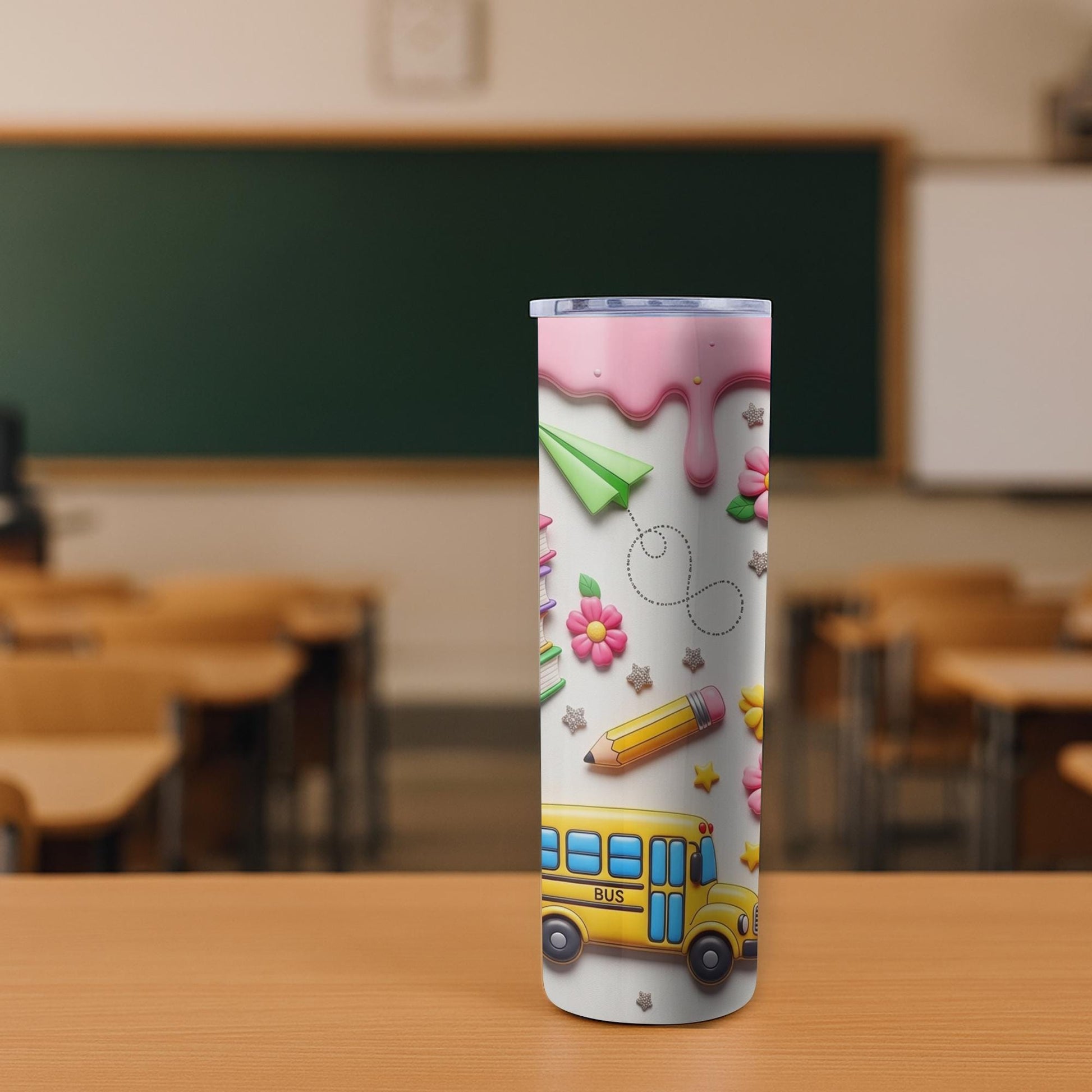 Cute Teacher 2D FLAT Tumbler, Back to School Tumbler with Books and Crayons, Pink School Supplies Cup, Teacher Appreciation Gift