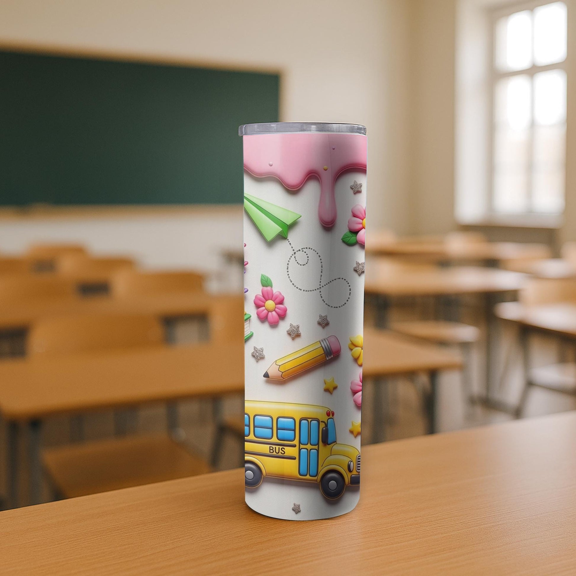 Cute Teacher 2D FLAT Tumbler, Back to School Tumbler with Books and Crayons, Pink School Supplies Cup, Teacher Appreciation Gift