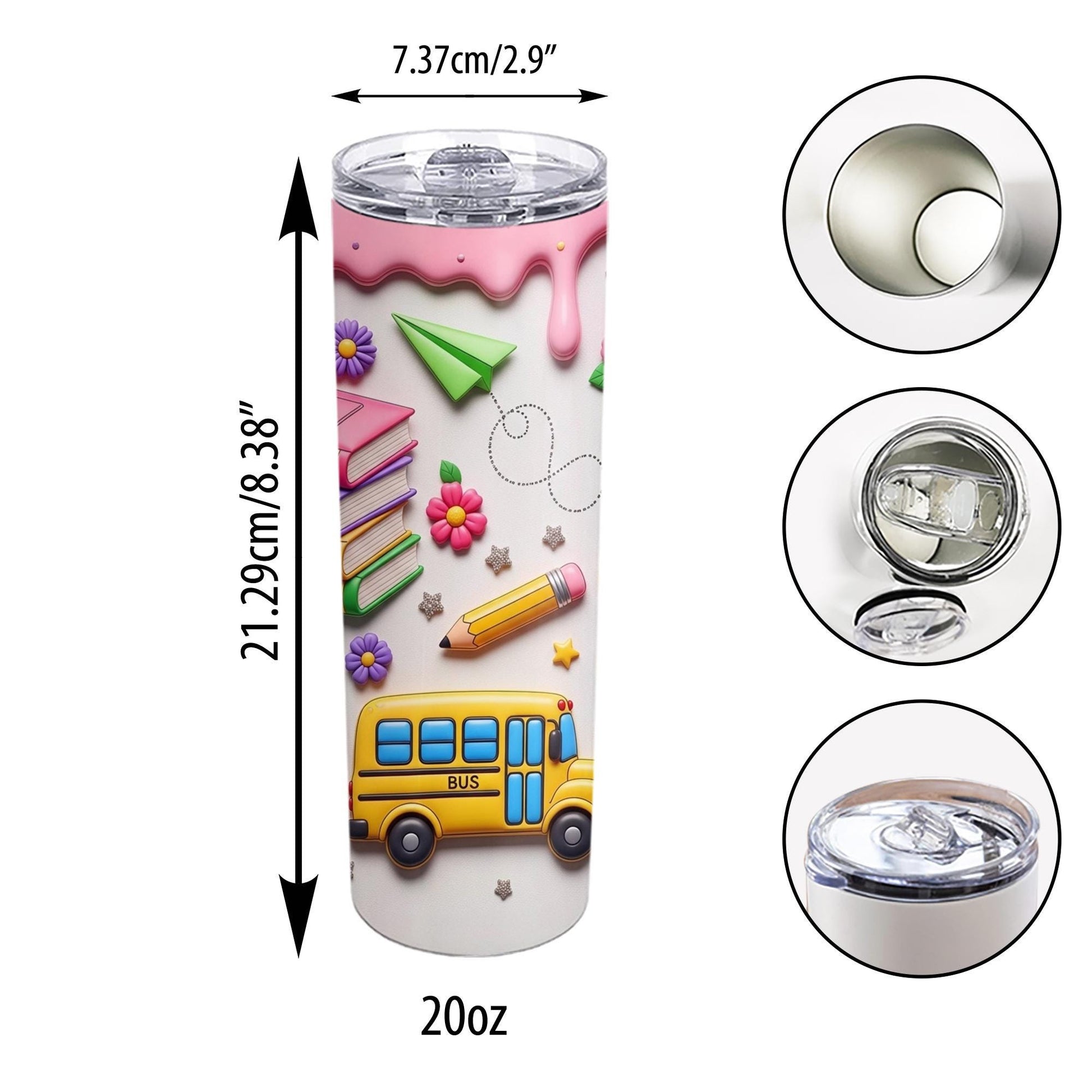 Cute Teacher 2D FLAT Tumbler, Back to School Tumbler with Books and Crayons, Pink School Supplies Cup, Teacher Appreciation Gift