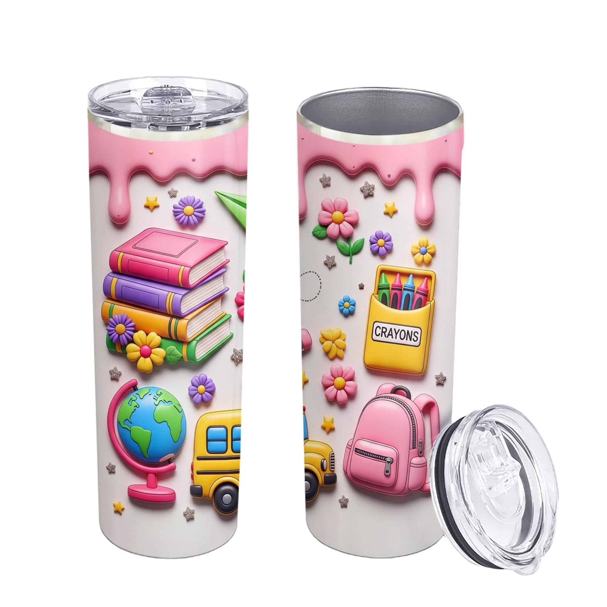 Cute Teacher 2D FLAT Tumbler, Back to School Tumbler with Books and Crayons, Pink School Supplies Cup, Teacher Appreciation Gift