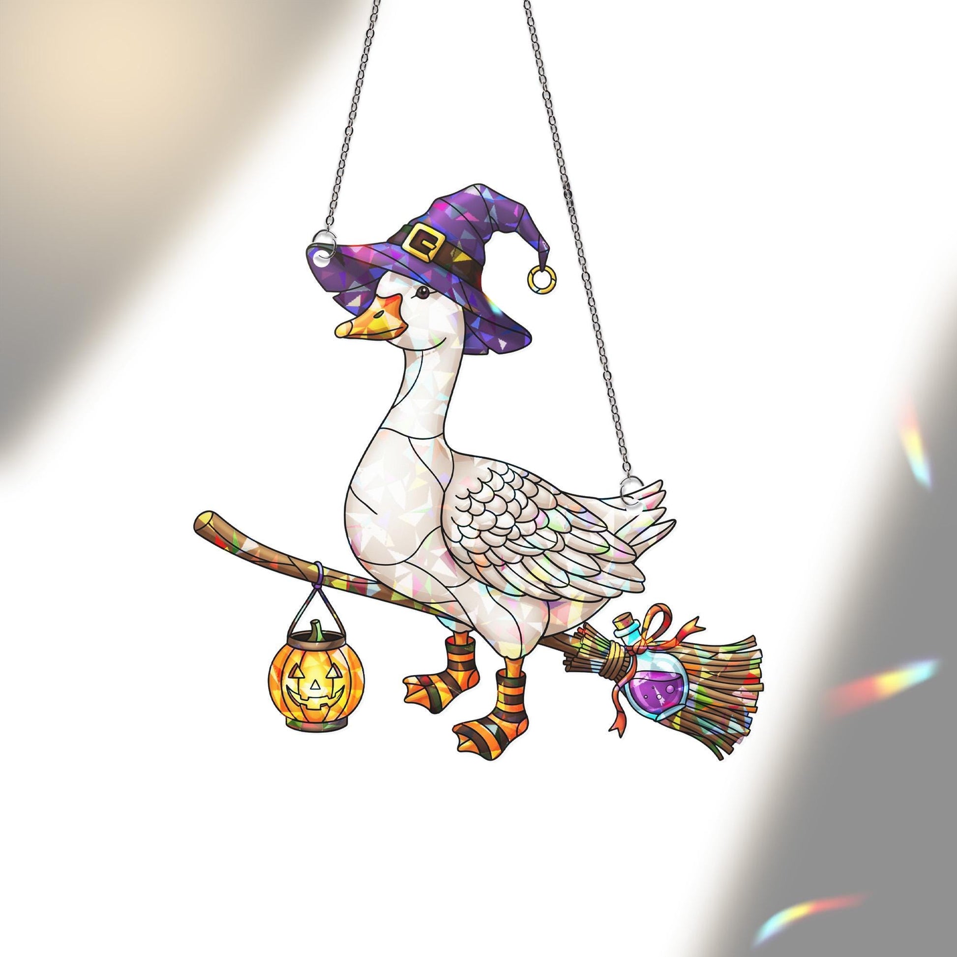 Halloween Witch Goose Suncatcher – Stained Glass Style Hanging Goose with Broom and Pumpkin Lantern – Cute Halloween Decor for Windows