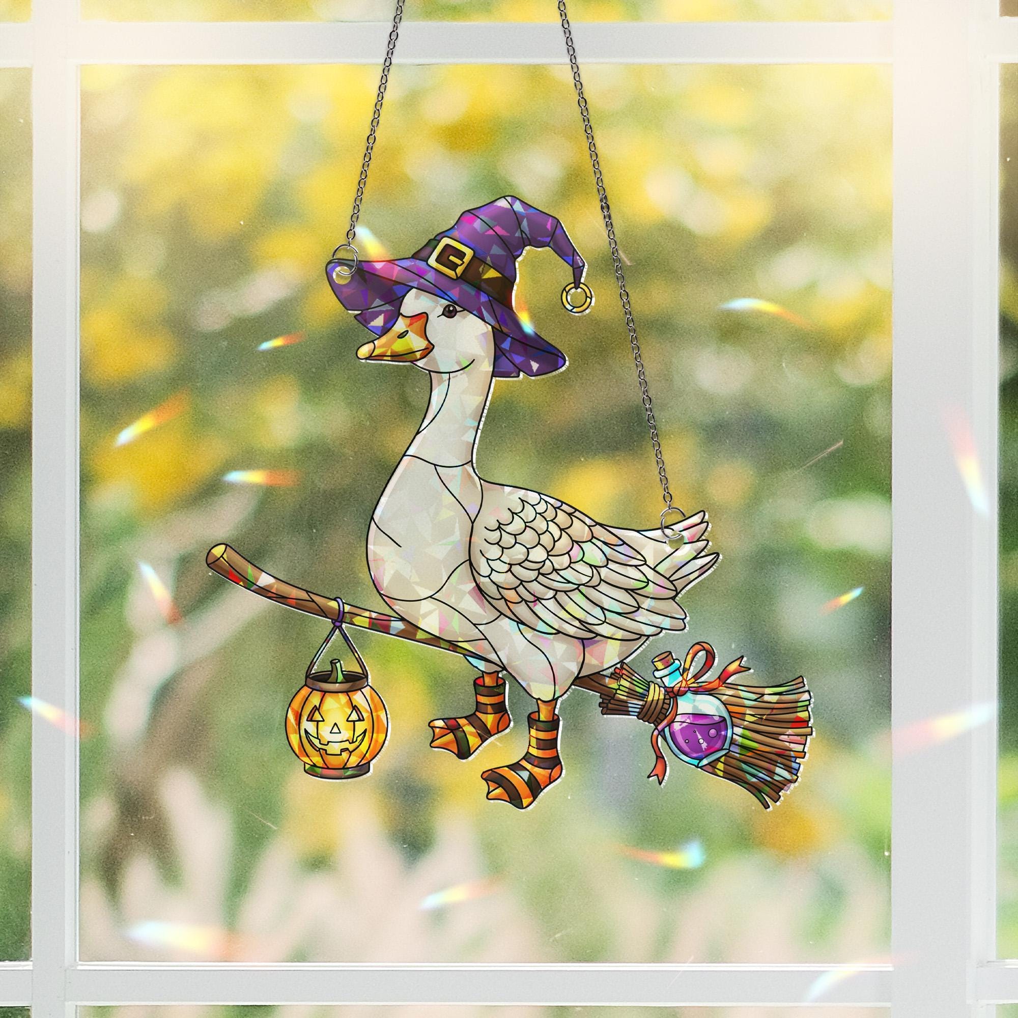 Halloween Witch Goose Suncatcher – Stained Glass Style Hanging Goose with Broom and Pumpkin Lantern – Cute Halloween Decor for Windows