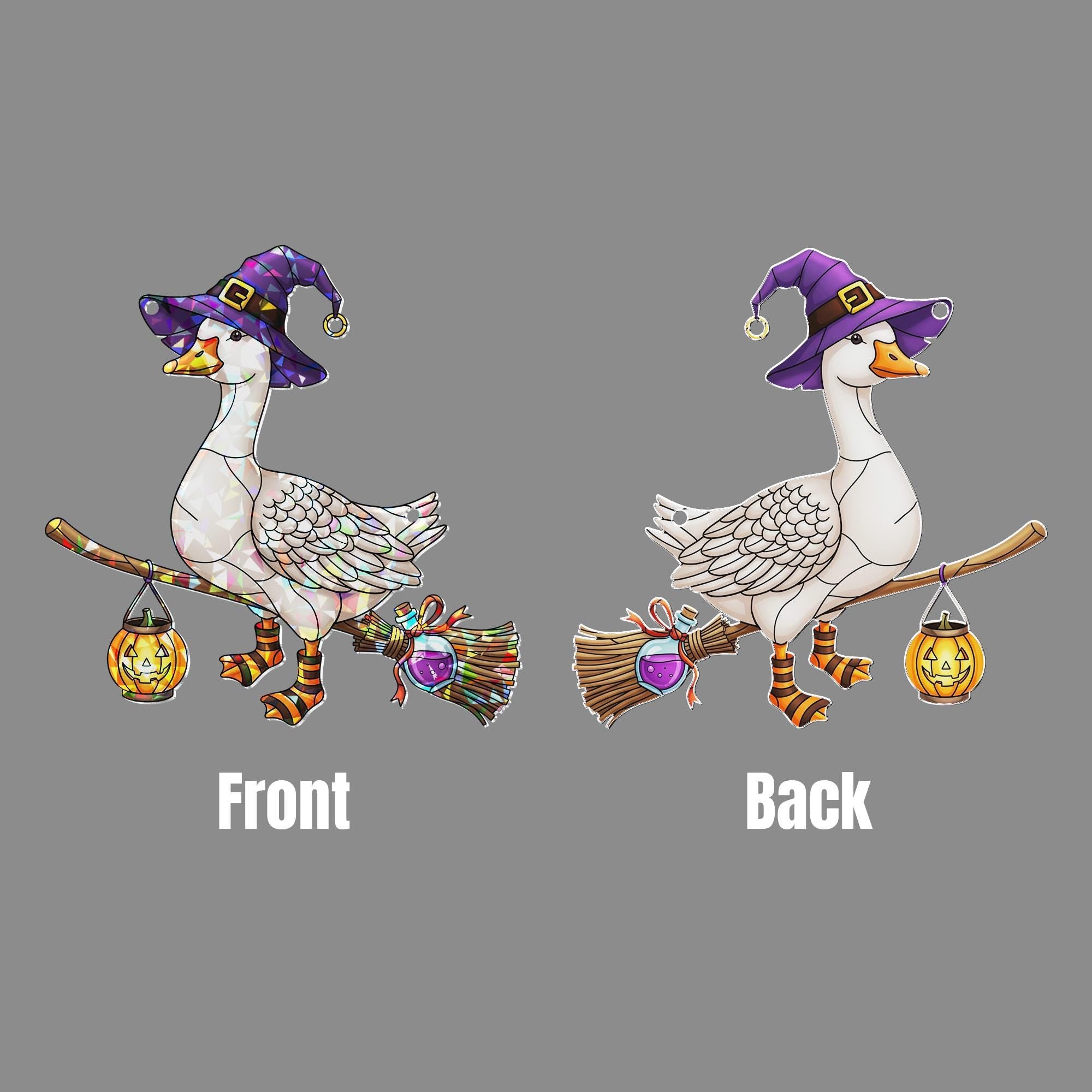 Halloween Witch Goose Suncatcher – Stained Glass Style Hanging Goose with Broom and Pumpkin Lantern – Cute Halloween Decor for Windows