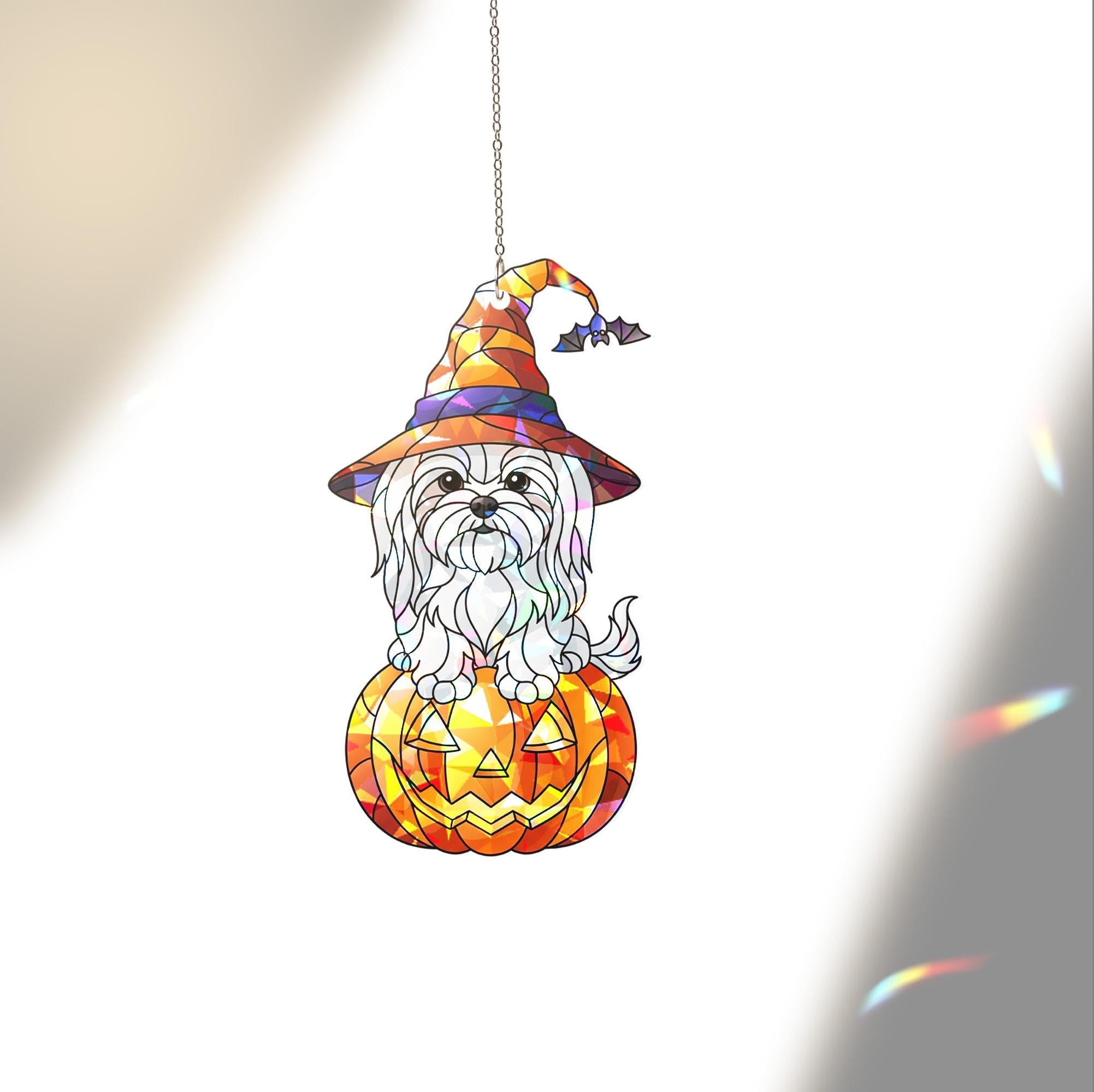 Cute Halloween Dog Suncatcher – Holographic Maltese Puppy on Pumpkin Window Hanging, Witch Hat Jack-o'-Lantern Fall Decor