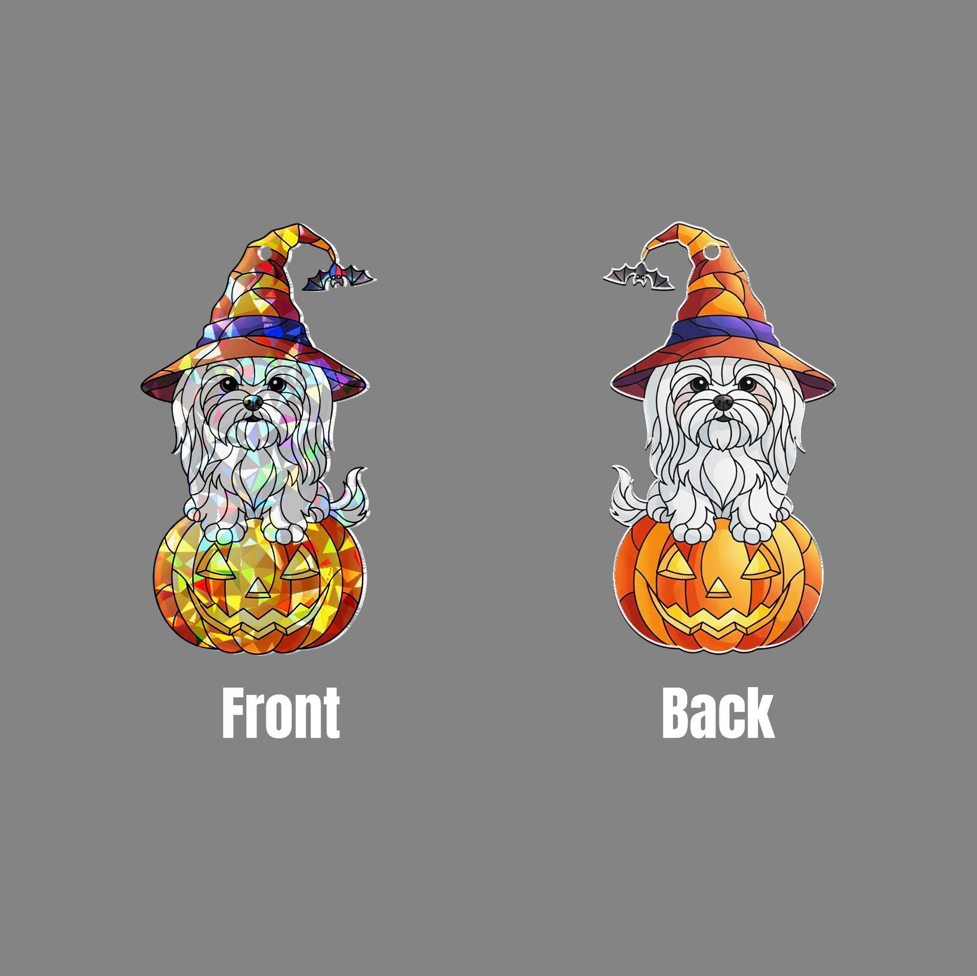 Cute Halloween Dog Suncatcher – Holographic Maltese Puppy on Pumpkin Window Hanging, Witch Hat Jack-o'-Lantern Fall Decor