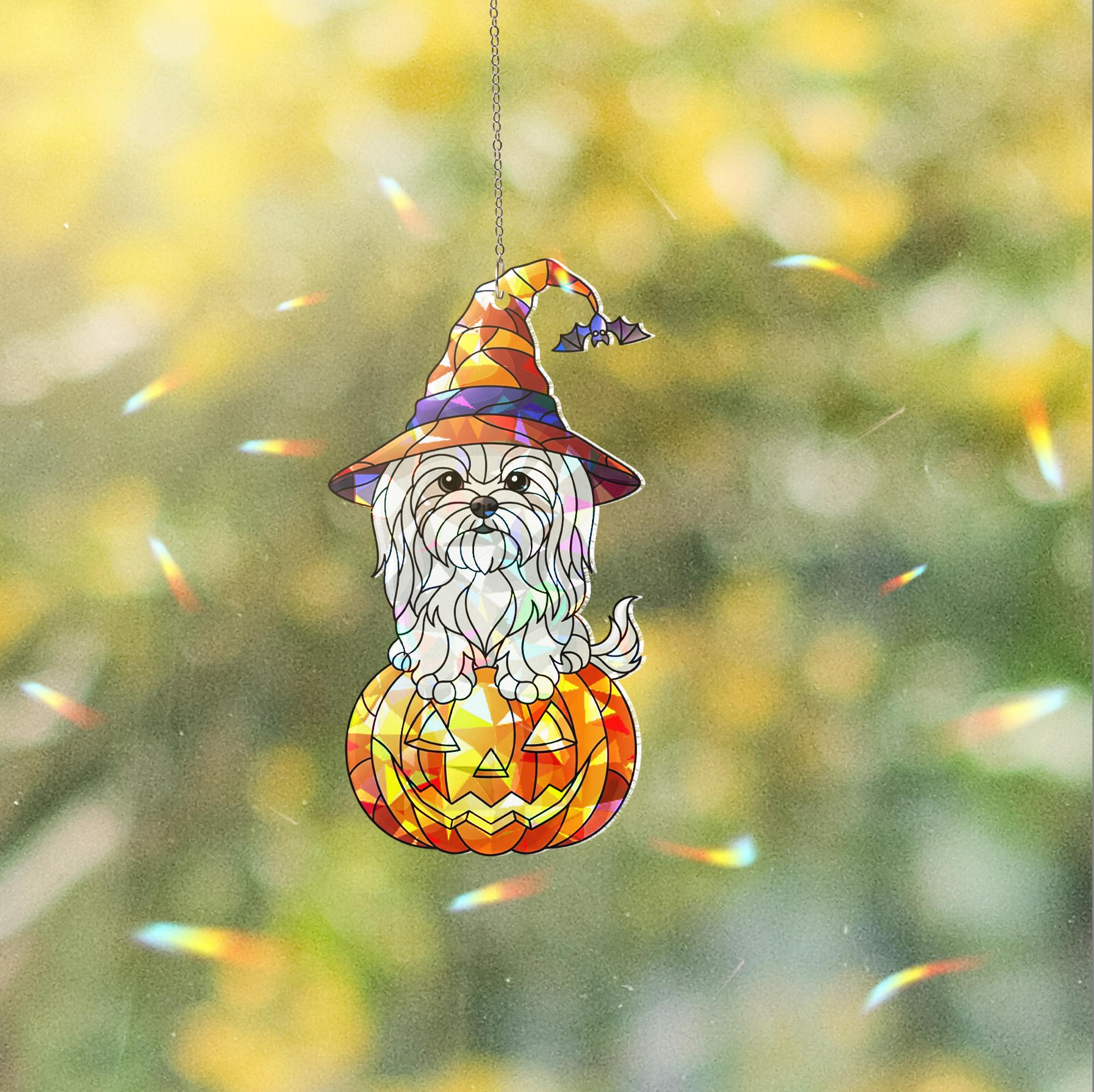 Cute Halloween Dog Suncatcher – Holographic Maltese Puppy on Pumpkin Window Hanging, Witch Hat Jack-o'-Lantern Fall Decor