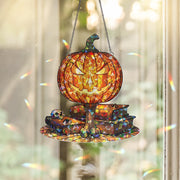 Halloween Pumpkin Suncatcher – Stained Glass Jack-o'-Lantern with Books, Skulls & Spiders – Spooky Hanging Halloween Window Decor