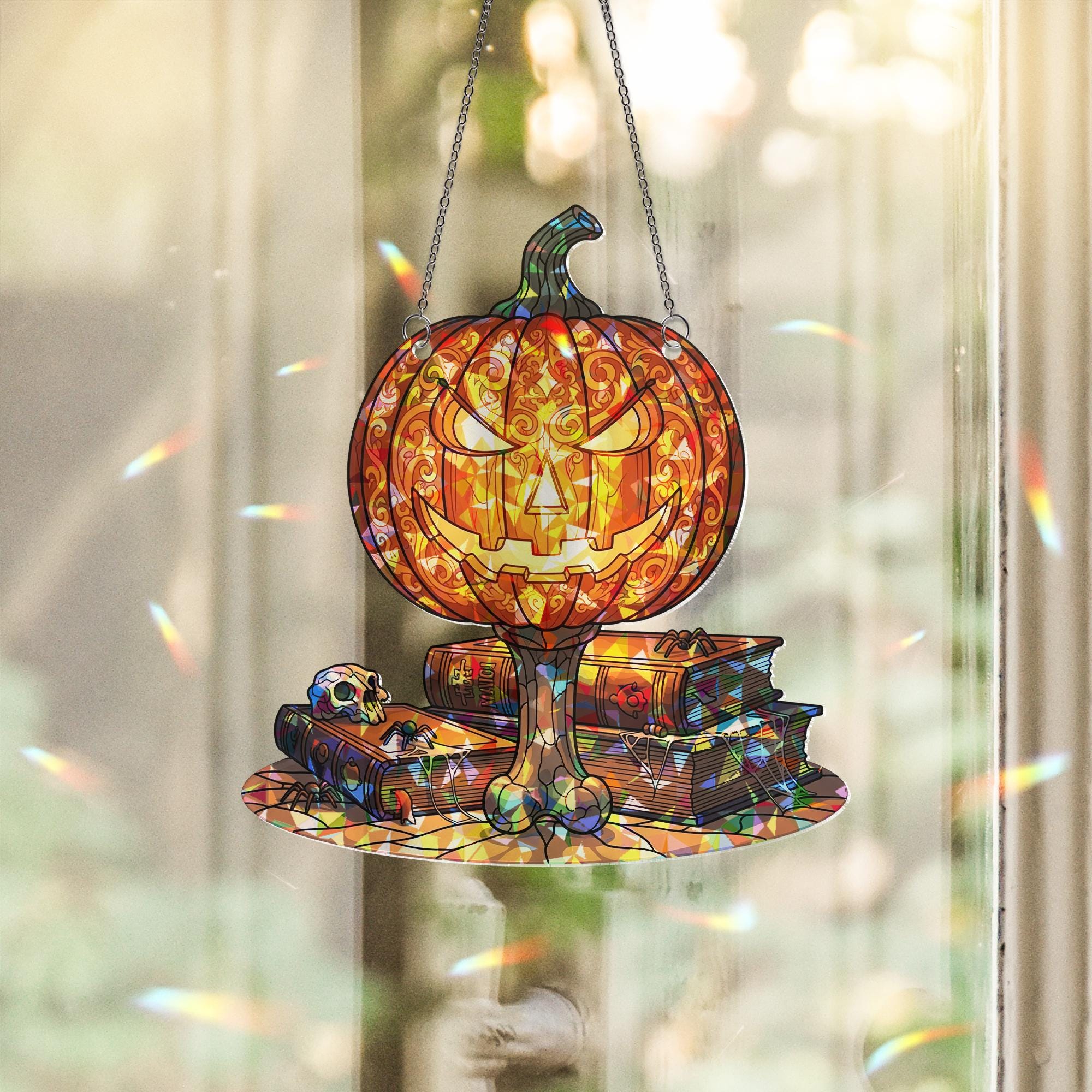 Halloween Pumpkin Suncatcher – Stained Glass Jack-o'-Lantern with Books, Skulls & Spiders – Spooky Hanging Halloween Window Decor