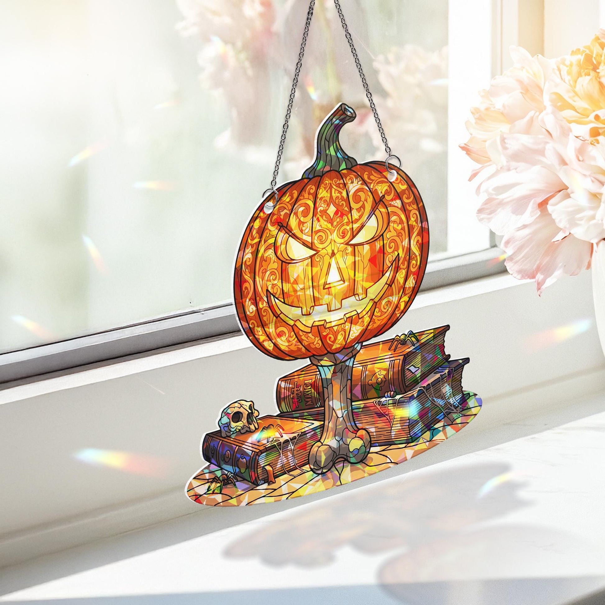 Halloween Pumpkin Suncatcher – Stained Glass Jack-o'-Lantern with Books, Skulls & Spiders – Spooky Hanging Halloween Window Decor