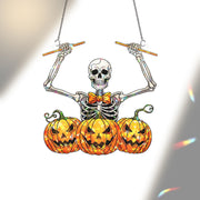 Skeleton Pumpkin Drummer Hologram Suncatcher – Funny Halloween Window Hanging, Spooky Music Decor for Haunted House or Party