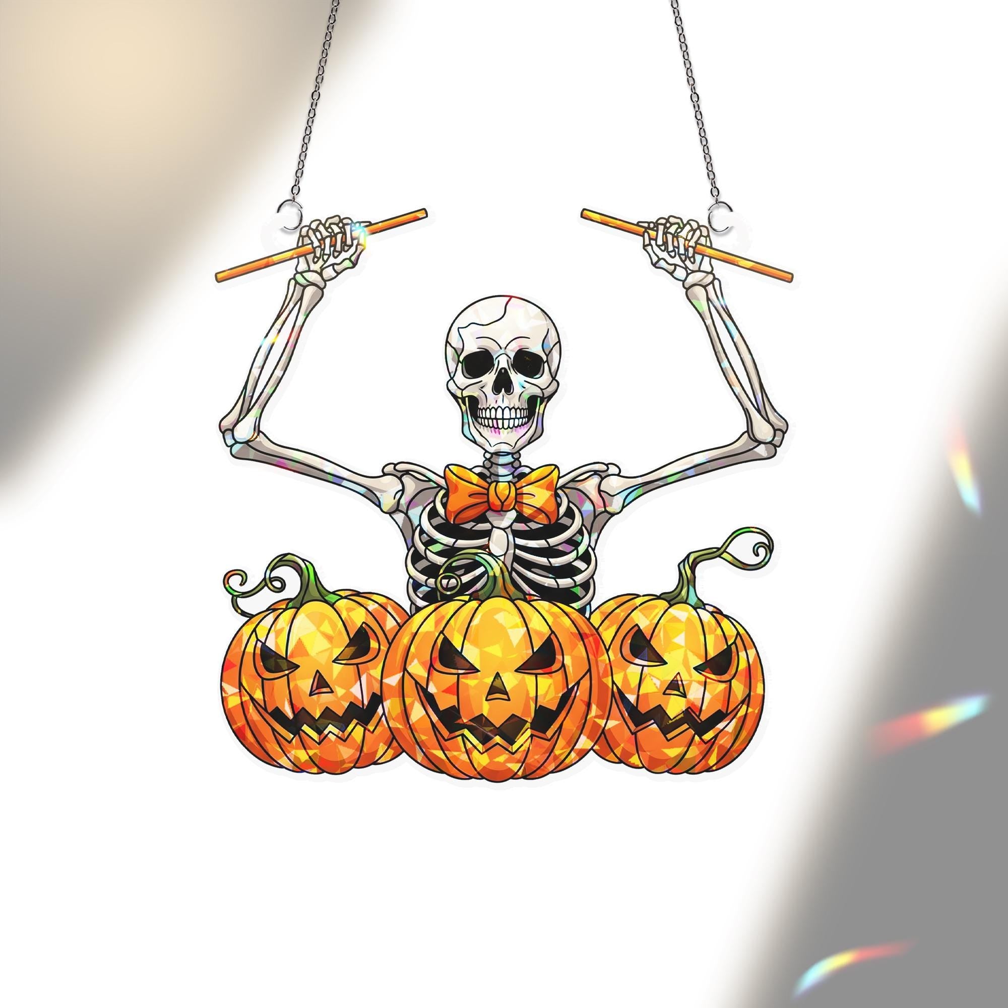 Skeleton Pumpkin Drummer Hologram Suncatcher – Funny Halloween Window Hanging, Spooky Music Decor for Haunted House or Party