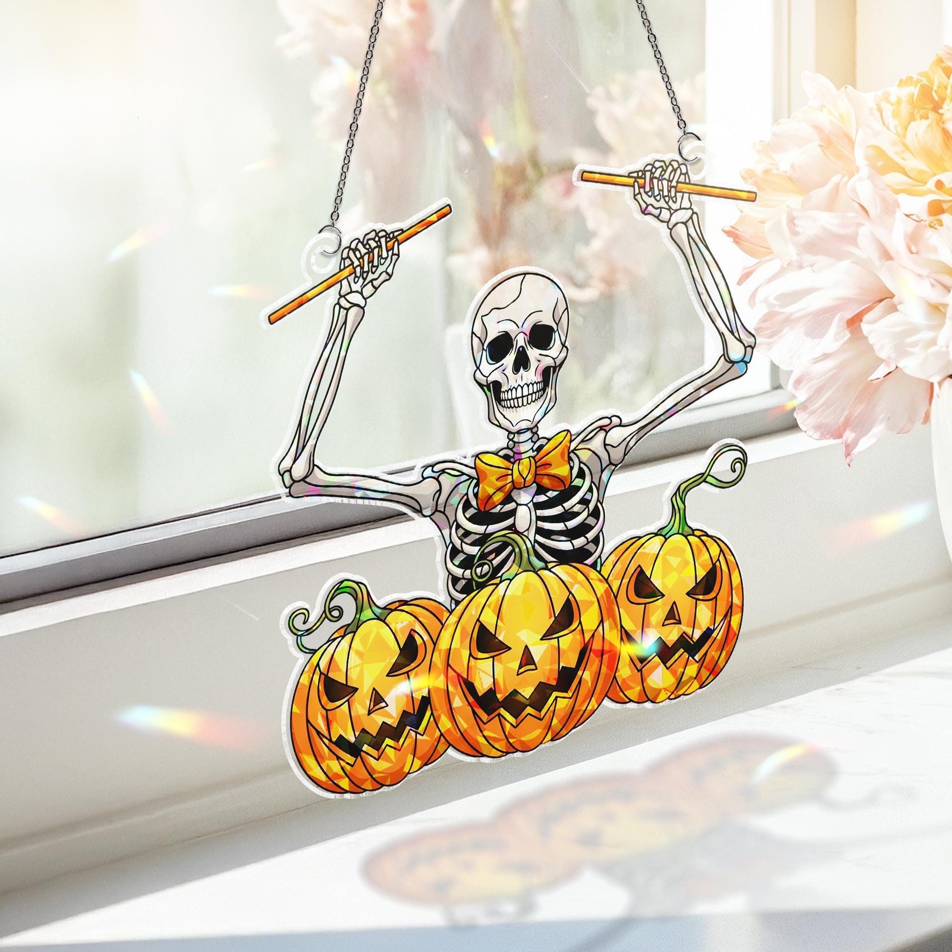 Skeleton Pumpkin Drummer Hologram Suncatcher – Funny Halloween Window Hanging, Spooky Music Decor for Haunted House or Party