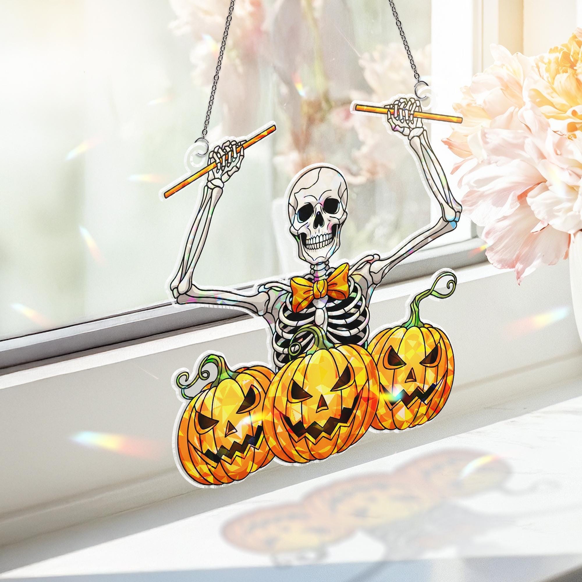 Skeleton Pumpkin Drummer Hologram Suncatcher – Funny Halloween Window Hanging, Spooky Music Decor for Haunted House or Party