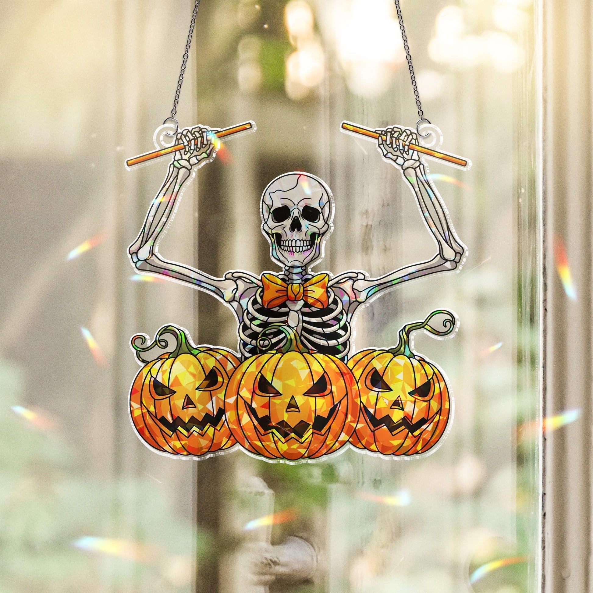 Skeleton Pumpkin Drummer Hologram Suncatcher – Funny Halloween Window Hanging, Spooky Music Decor for Haunted House or Party