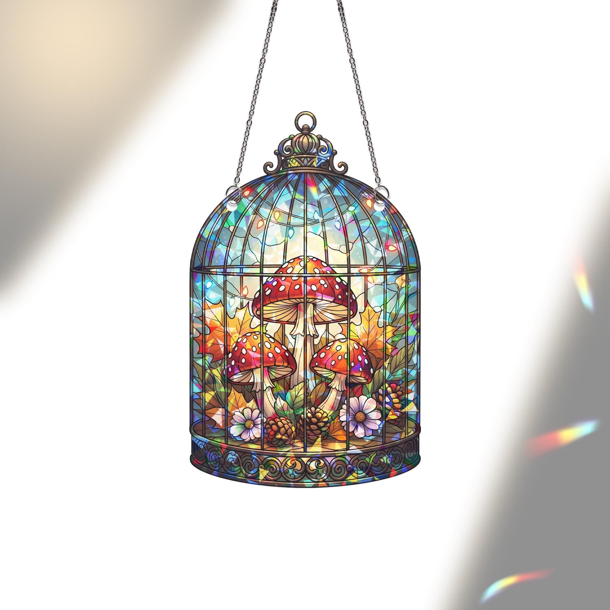Whimsical Mushroom Terrarium Hologram Window Hanging – Fairycore Fungi Art, Fall Forest Decor, Cottagecore Glass Ornament