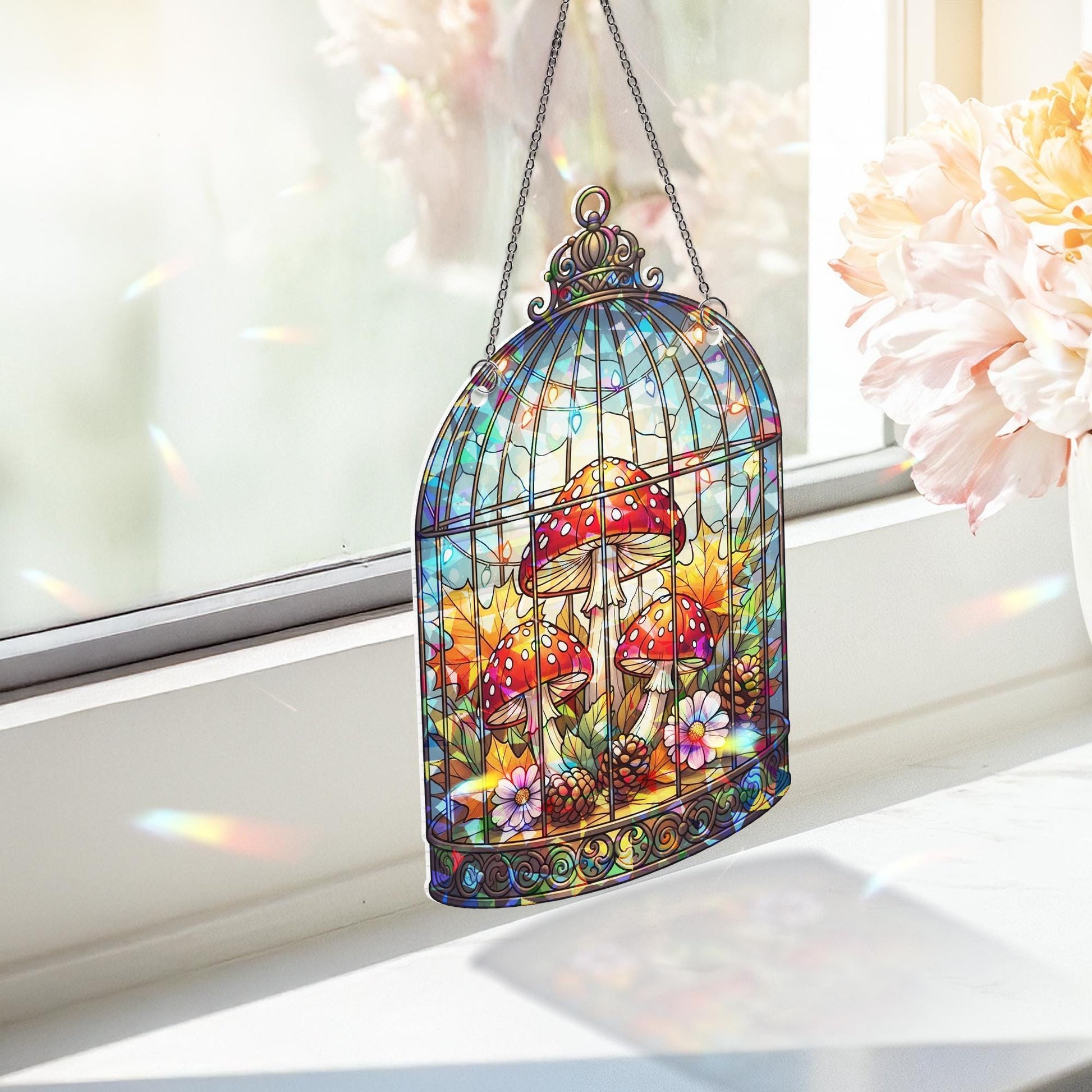Whimsical Mushroom Terrarium Hologram Window Hanging – Fairycore Fungi Art, Fall Forest Decor, Cottagecore Glass Ornament