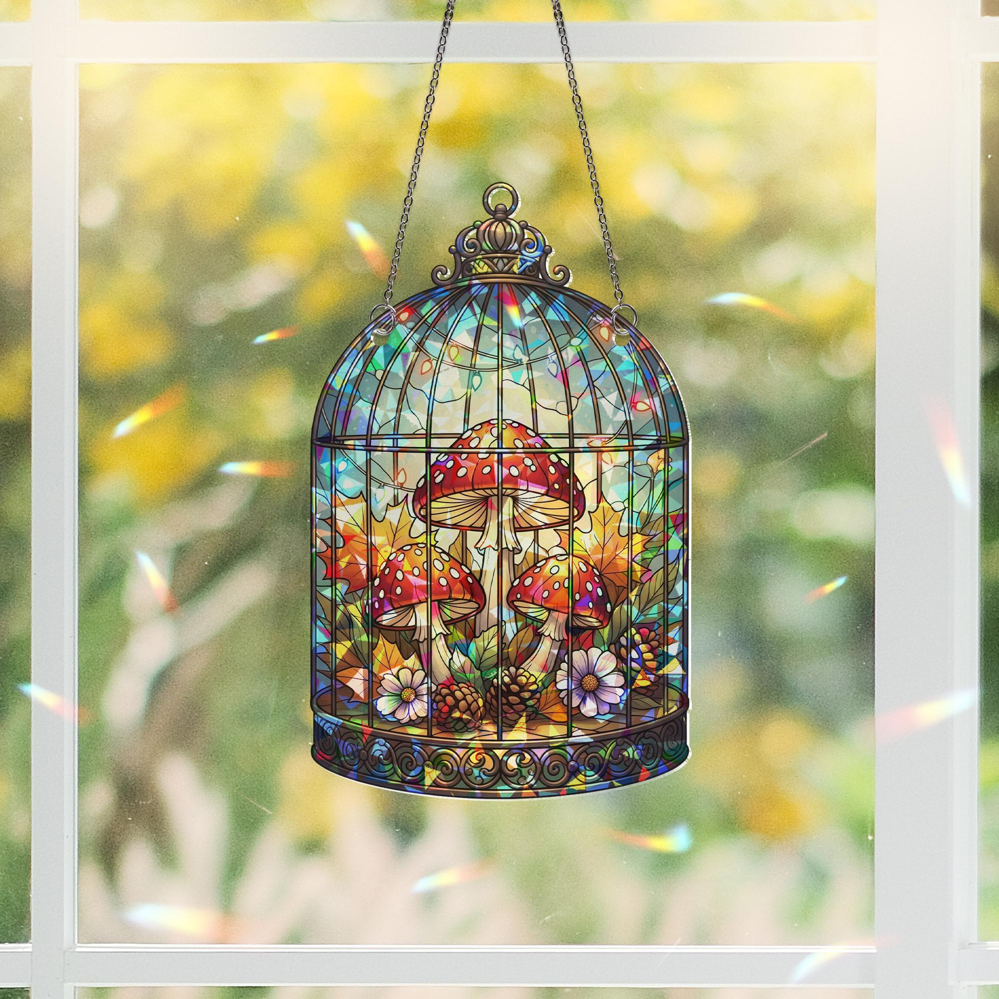 Whimsical Mushroom Terrarium Hologram Window Hanging – Fairycore Fungi Art, Fall Forest Decor, Cottagecore Glass Ornament