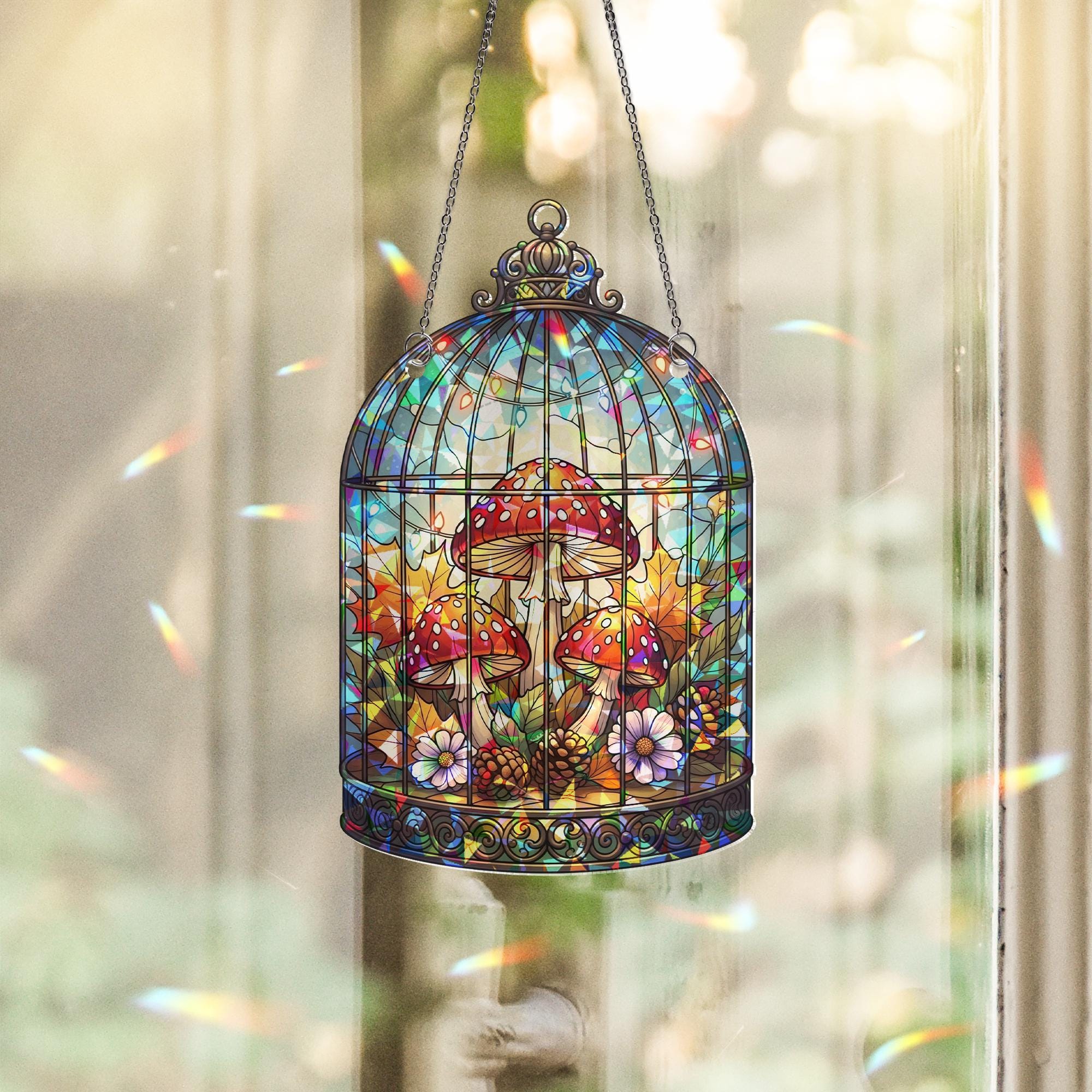 Whimsical Mushroom Terrarium Hologram Window Hanging – Fairycore Fungi Art, Fall Forest Decor, Cottagecore Glass Ornament