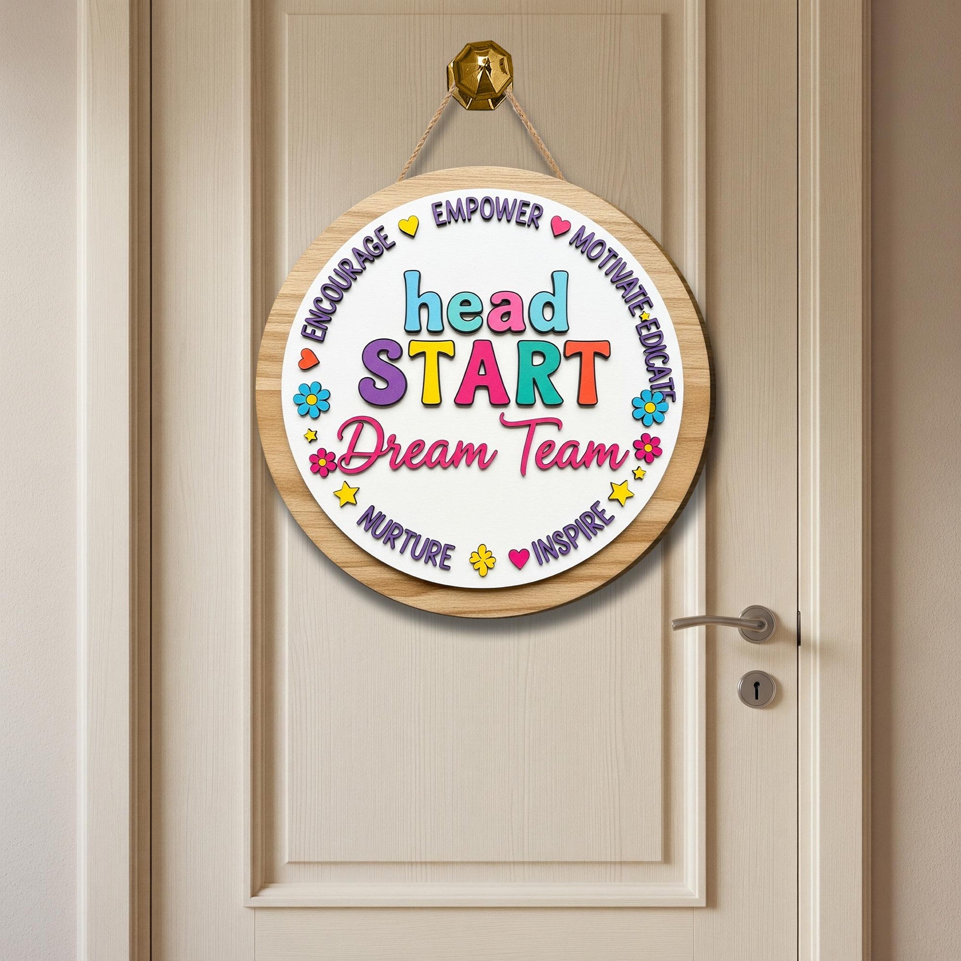 Head Start Dream Team Wooden Sign, Colorful Door Decor for Teachers, Inspire Empower Motivate Plaque, Classroom Team Gift